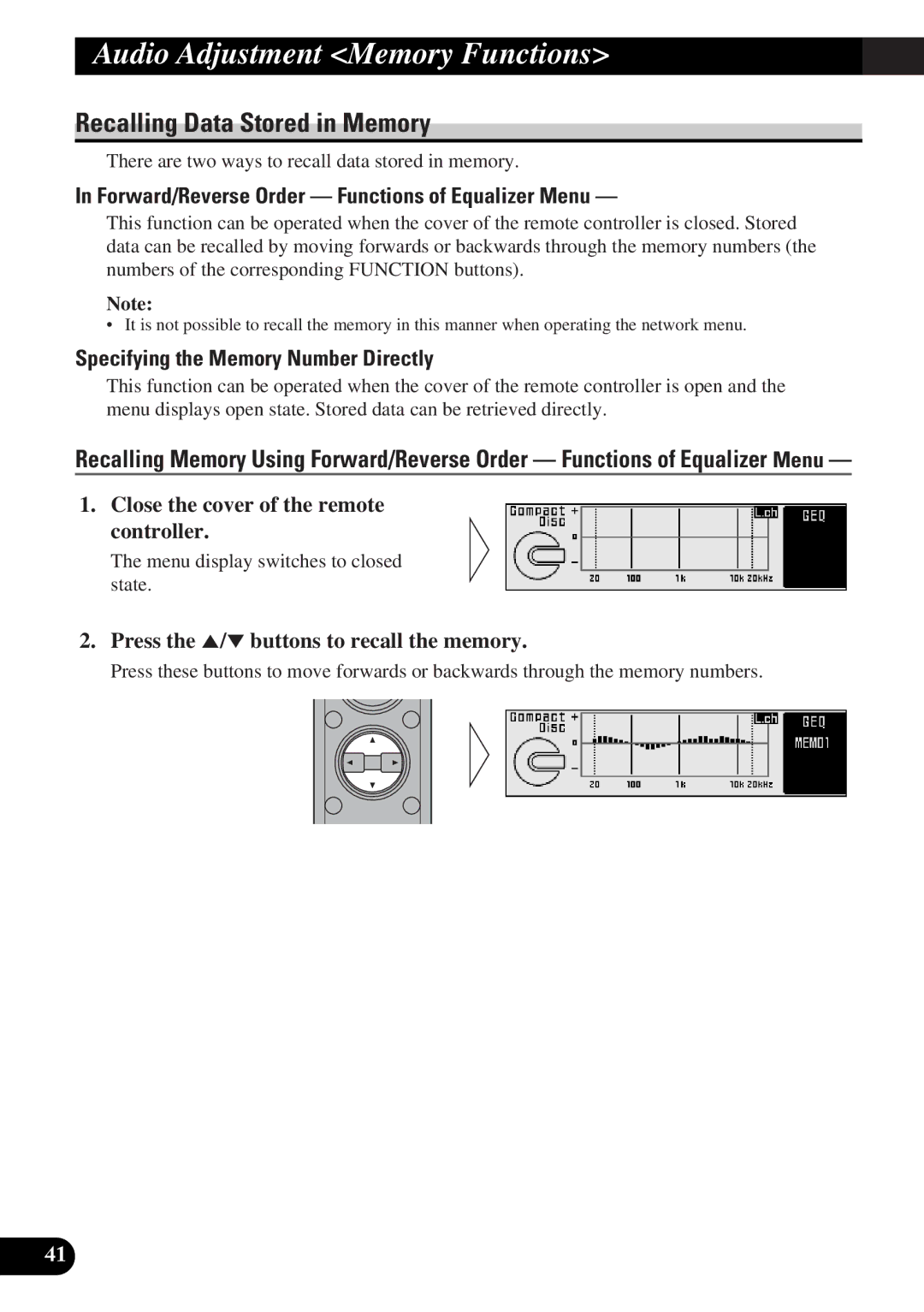 Pioneer DEQ-P9 owner manual Recalling Data Stored in Memory, Forward/Reverse Order Functions of Equalizer Menu 