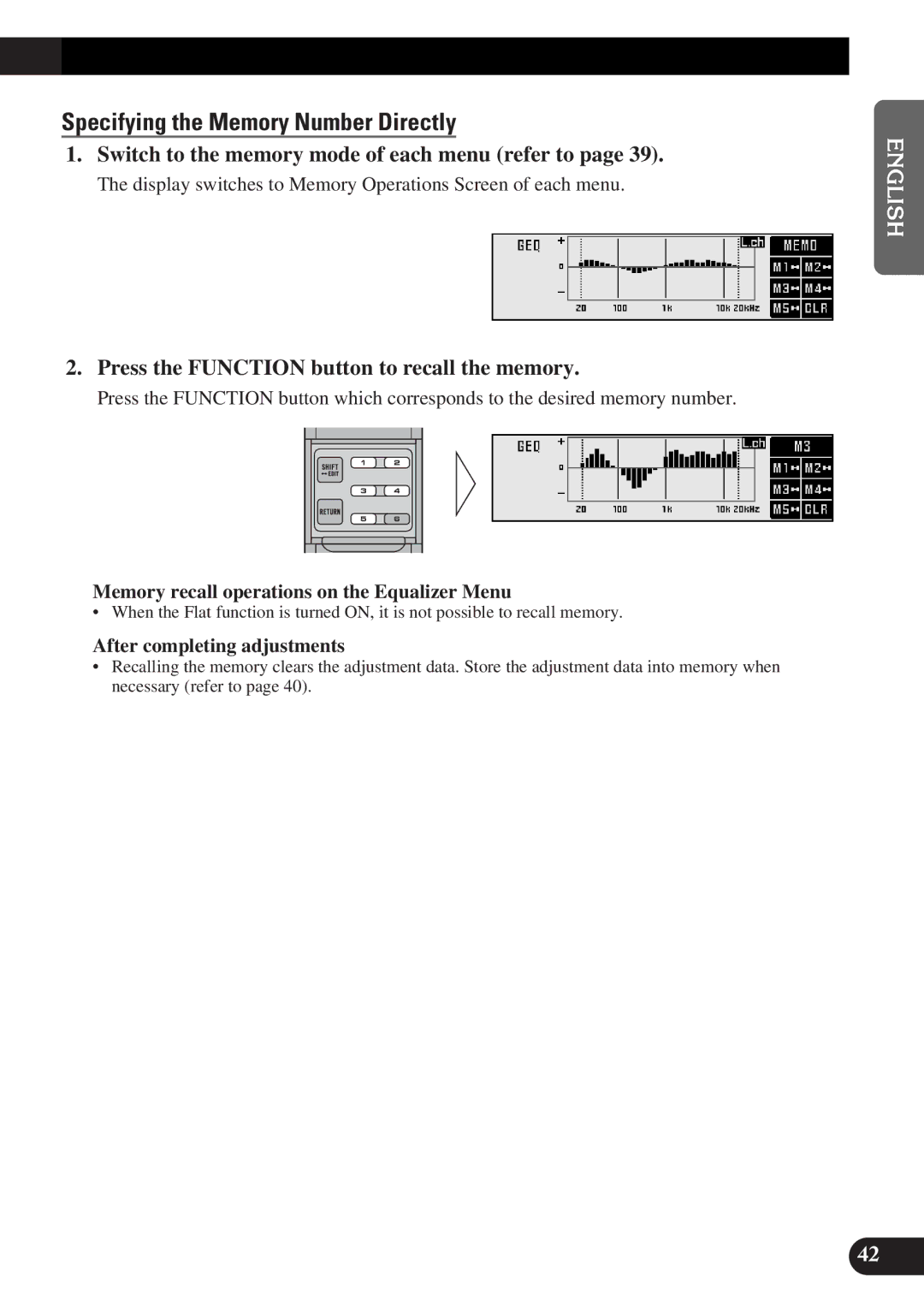 Pioneer DEQ-P9 owner manual Specifying the Memory Number Directly, Press the Function button to recall the memory 