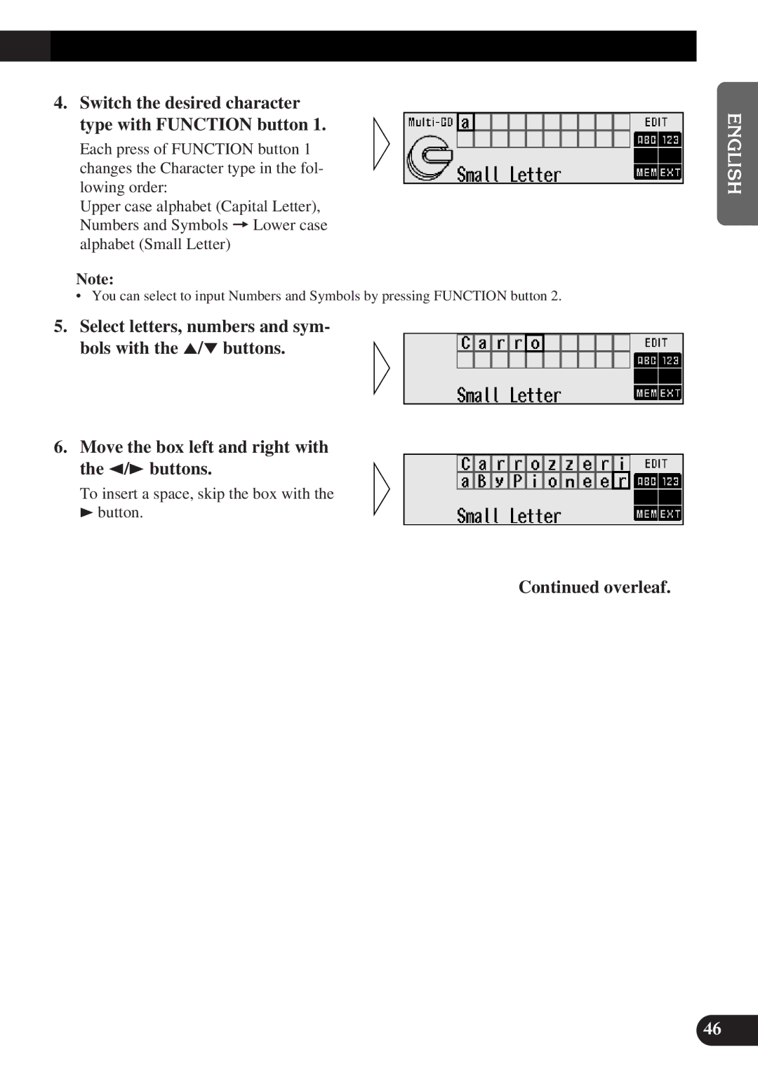 Pioneer DEQ-P9 owner manual Switch the desired character type with Function button, Overleaf 