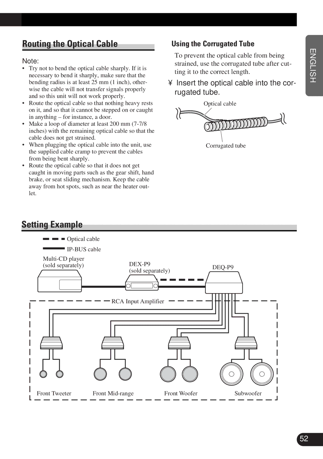 Pioneer DEQ-P9 owner manual Routing the Optical Cable, Setting Example, Using the Corrugated Tube 