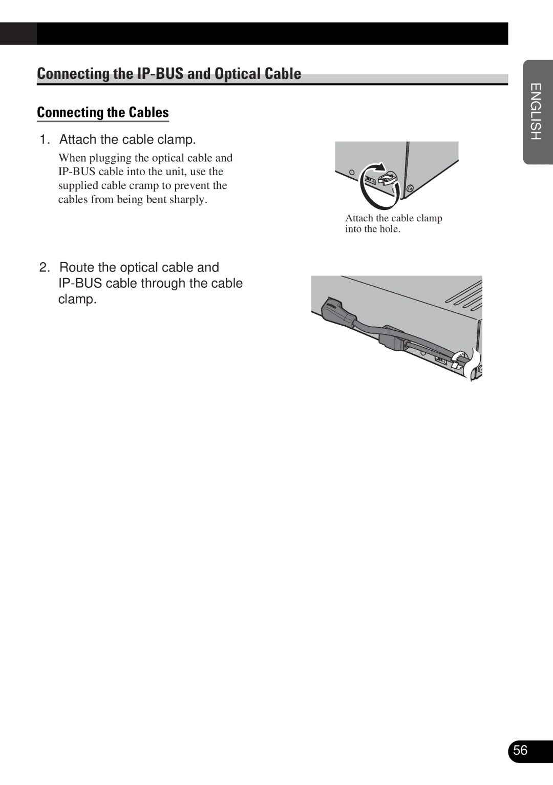 Pioneer DEQ-P9 owner manual Connecting the IP-BUS and Optical Cable, Connecting the Cables, Attach the cable clamp 