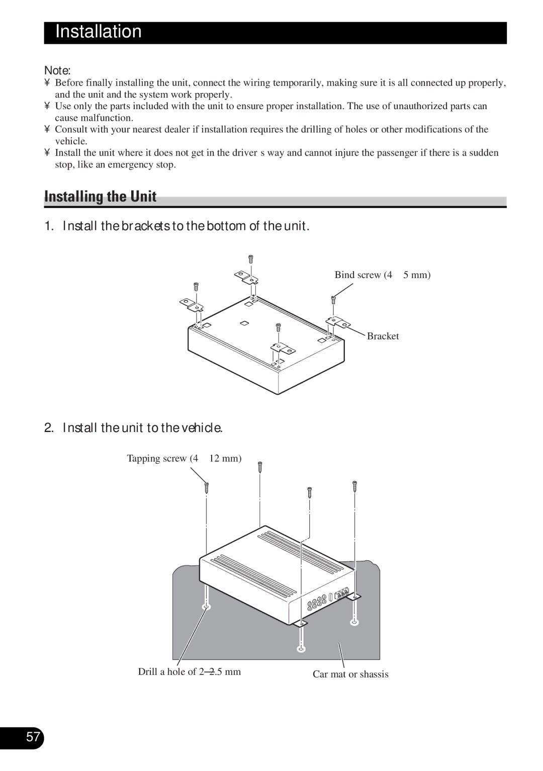 Pioneer DEQ-P9 owner manual Installation, Installing the Unit, Install the brackets to the bottom of the unit 