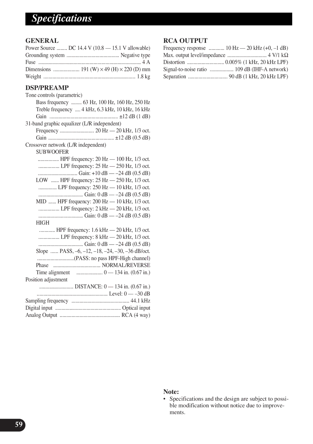 Pioneer DEQ-P9 owner manual Specifications, General 