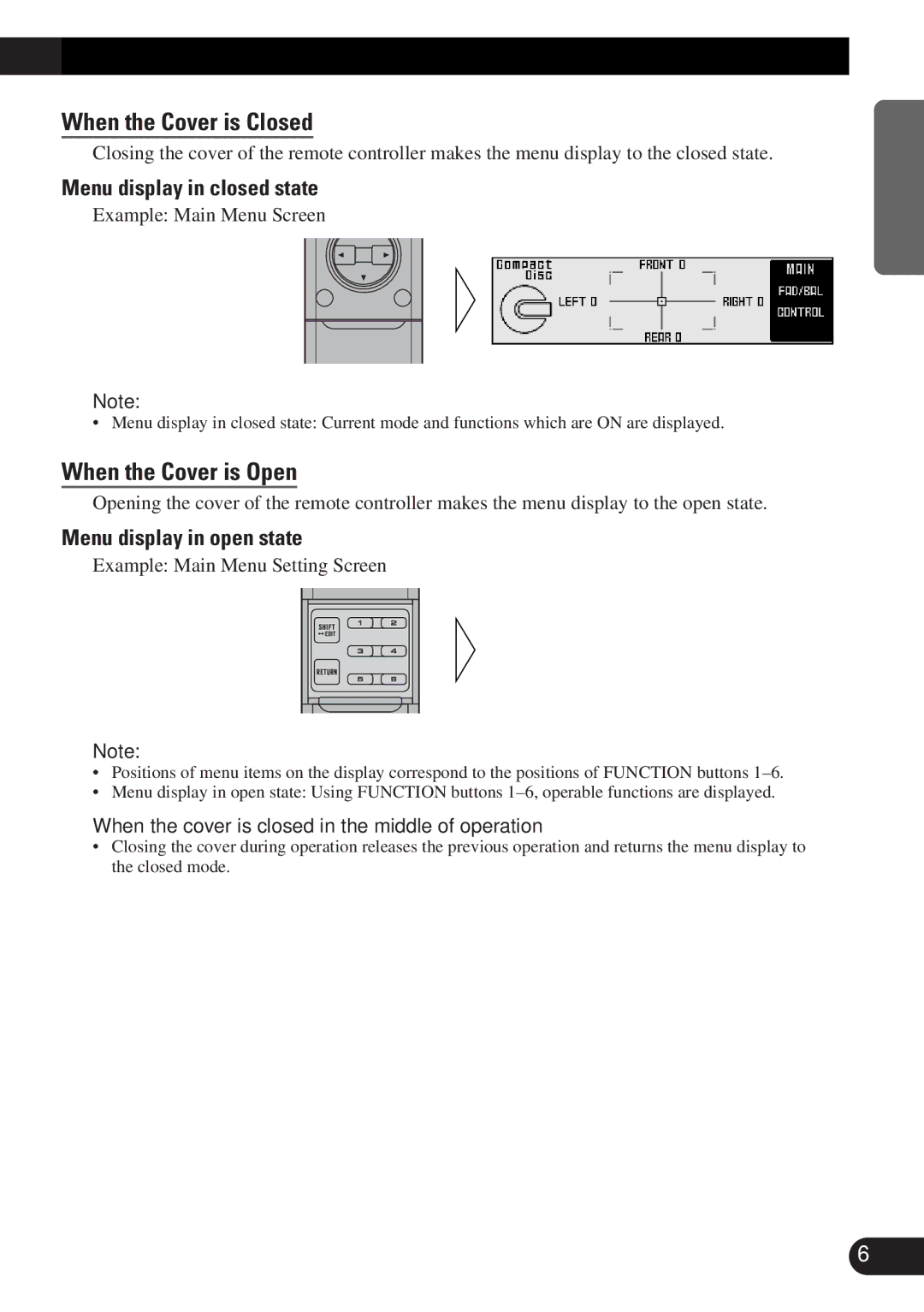 Pioneer DEQ-P9 When the Cover is Closed, When the Cover is Open, Menu display in closed state, Menu display in open state 