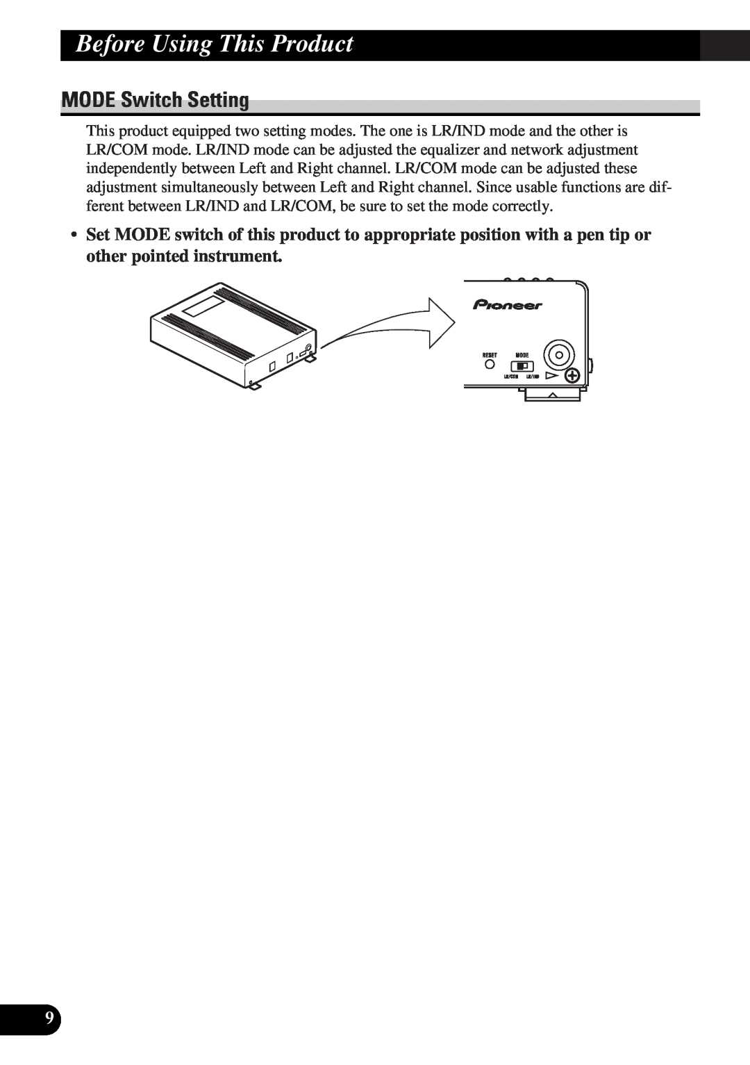 Pioneer DEQ-P9 owner manual MODE Switch Setting, Before Using This Product 