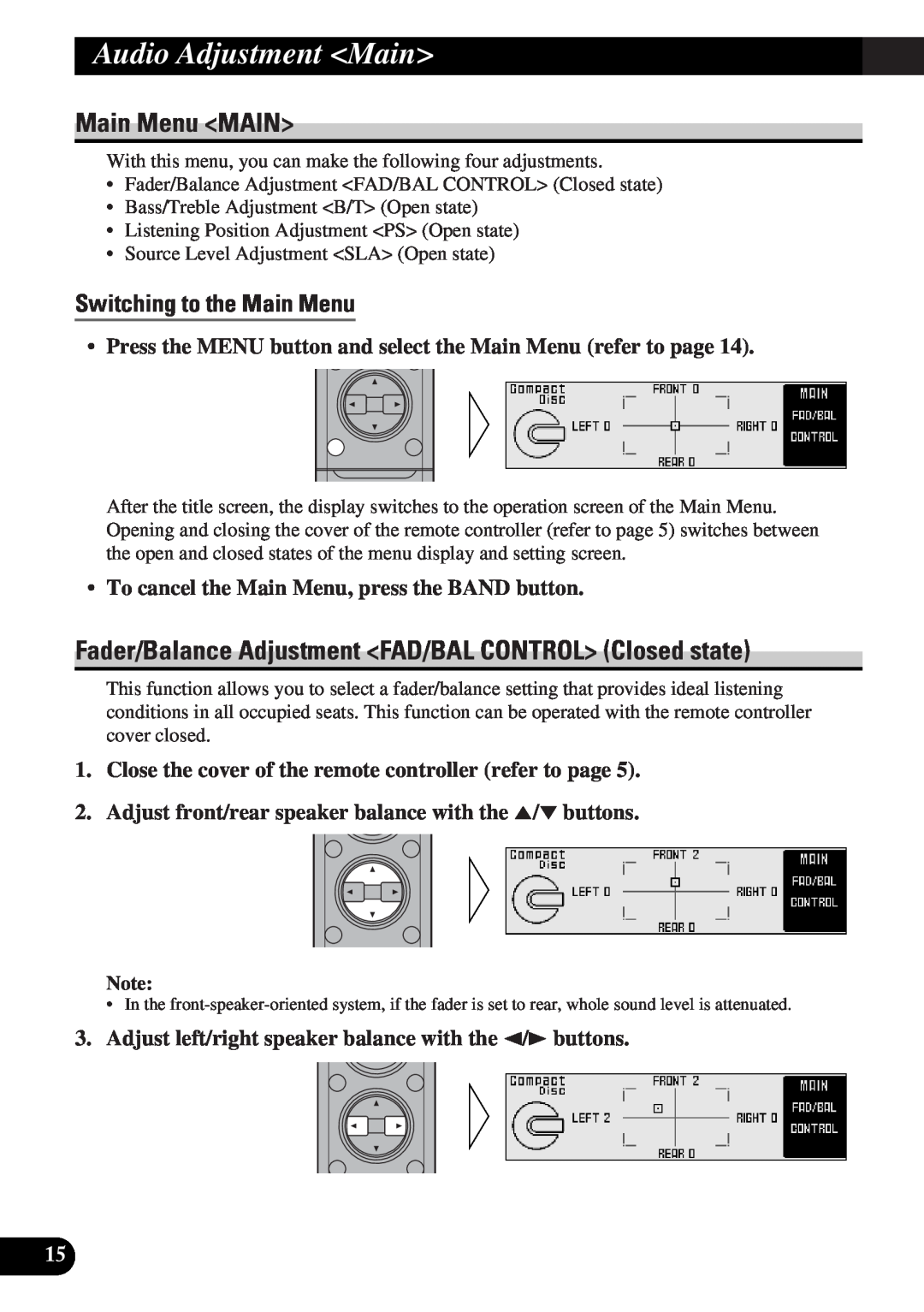 Pioneer DEQ-P9 owner manual Audio Adjustment Main, Main Menu MAIN, Switching to the Main Menu 