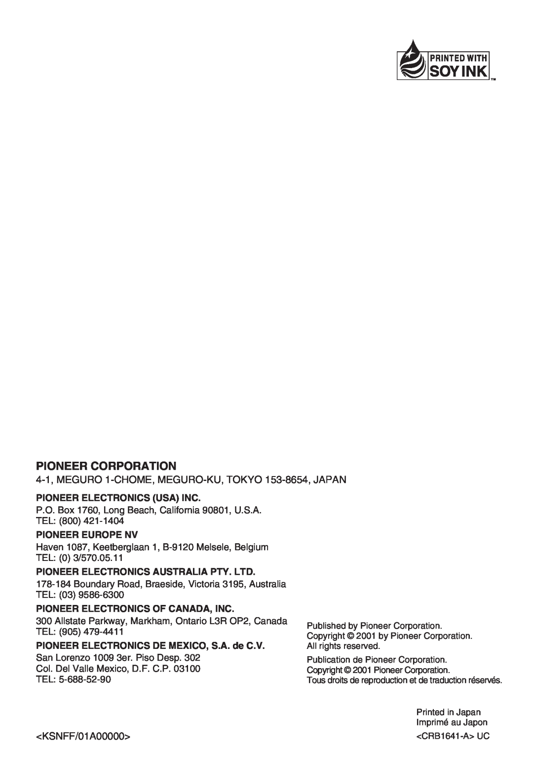 Pioneer DEQ-P9 owner manual Pioneer Corporation, KSNFF/01A00000, Pioneer Electronics Usa Inc, Pioneer Europe Nv 