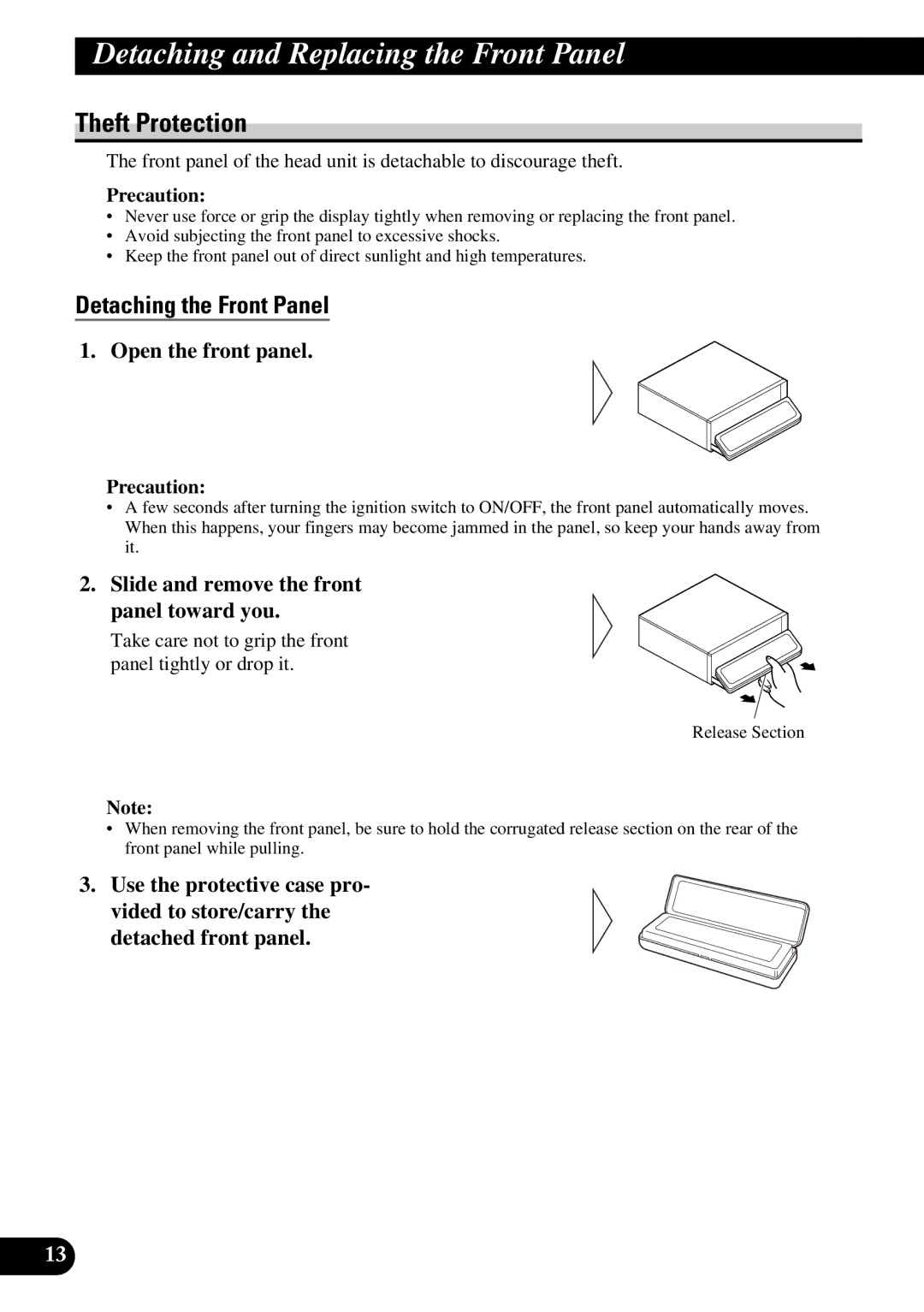 Pioneer DEX-P9 Detaching and Replacing the Front Panel, Theft Protection, Detaching the Front Panel, Open the front panel 