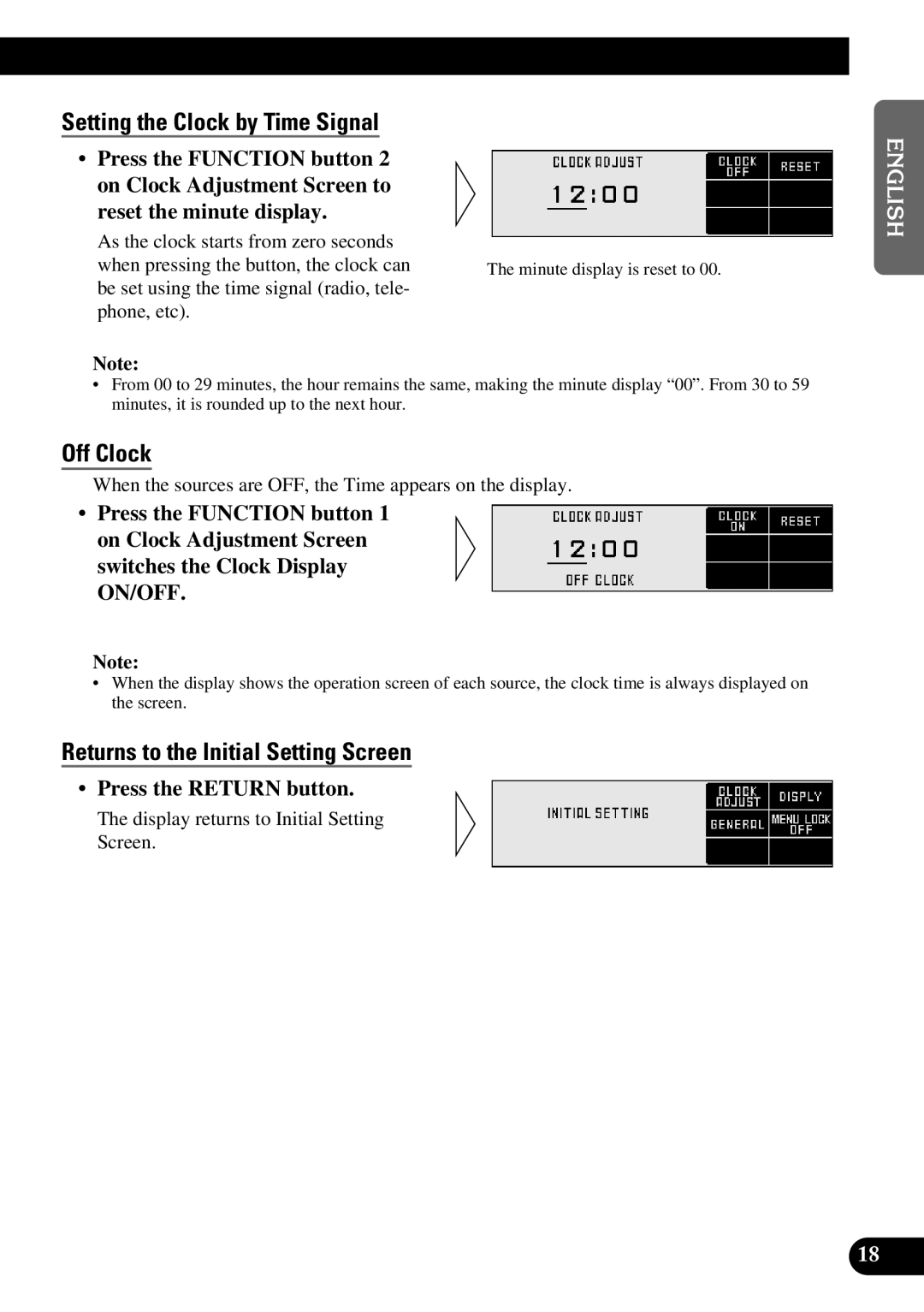 Pioneer DEX-P9 Setting the Clock by Time Signal, Off Clock, Returns to the Initial Setting Screen, Press the Return button 