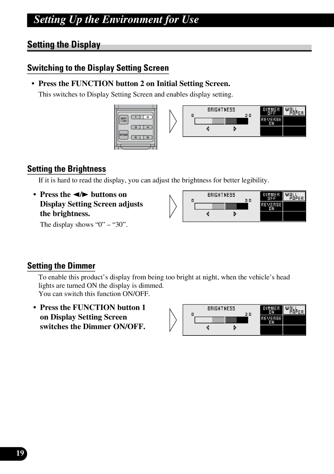 Pioneer DEX-P9 Setting the Display, Switching to the Display Setting Screen, Setting the Brightness, Setting the Dimmer 