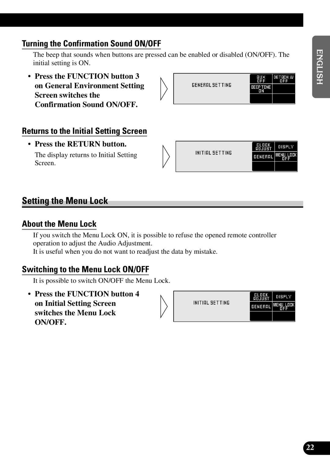 Pioneer DEX-P9 owner manual Setting the Menu Lock, Turning the Confirmation Sound ON/OFF, About the Menu Lock 