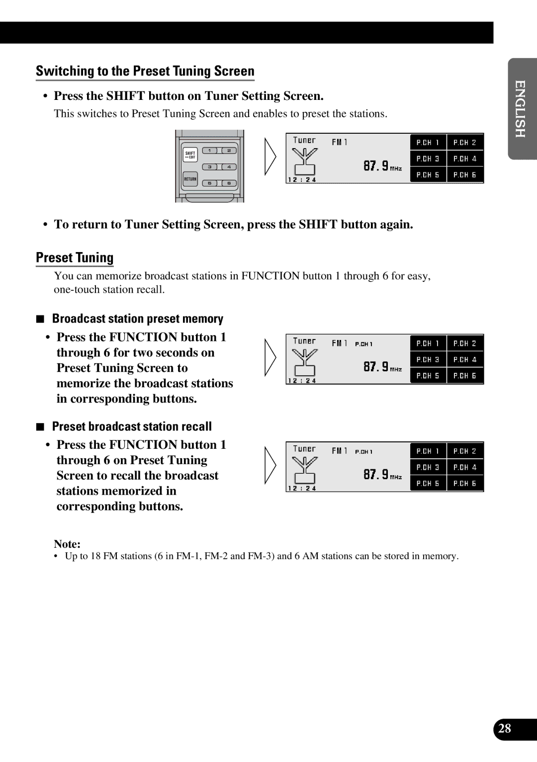 Pioneer DEX-P9 owner manual Switching to the Preset Tuning Screen, Press the Shift button on Tuner Setting Screen 