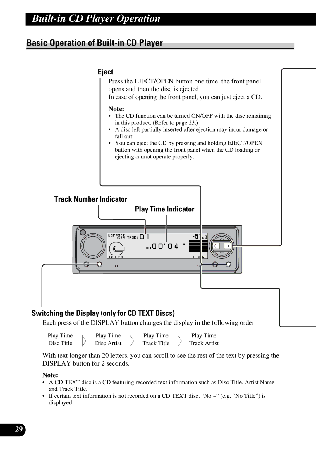 Pioneer DEX-P9 owner manual Built-in CD Player Operation, Basic Operation of Built-in CD Player, Eject 