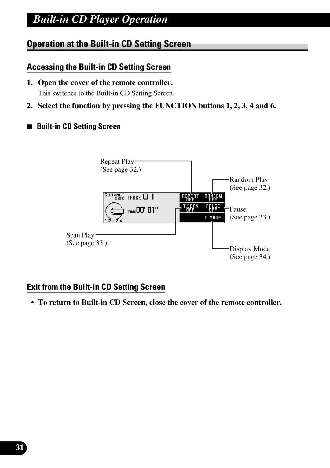 Pioneer DEX-P9 owner manual Operation at the Built-in CD Setting Screen, Accessing the Built-in CD Setting Screen 