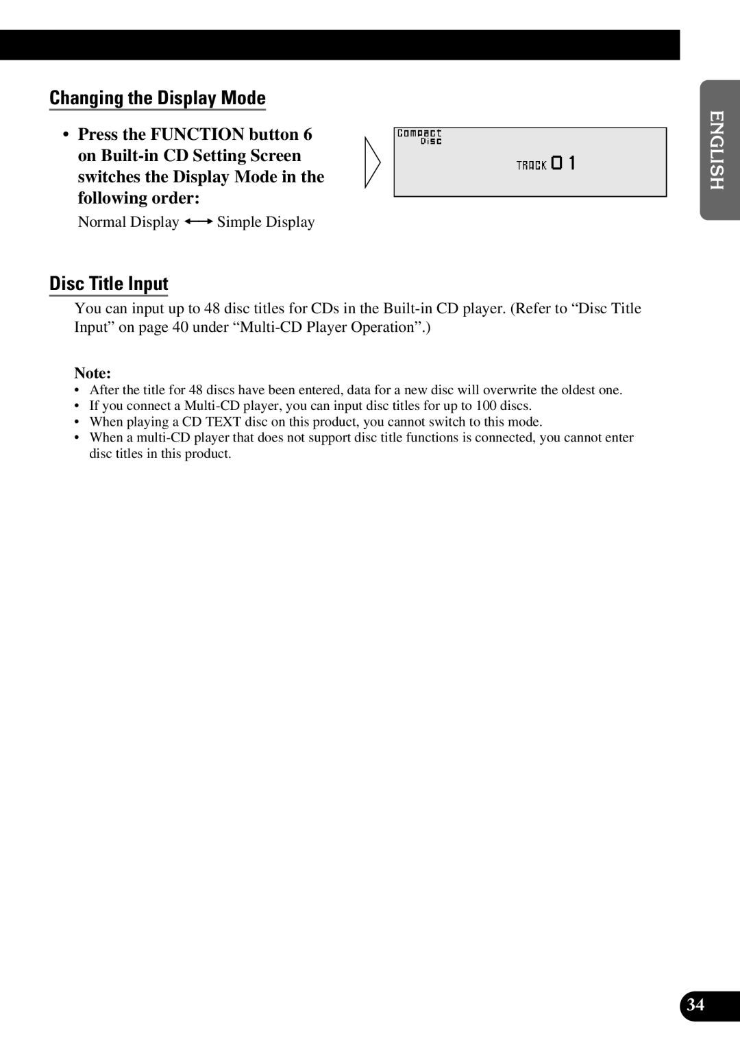 Pioneer DEX-P9 owner manual Changing the Display Mode, Disc Title Input 