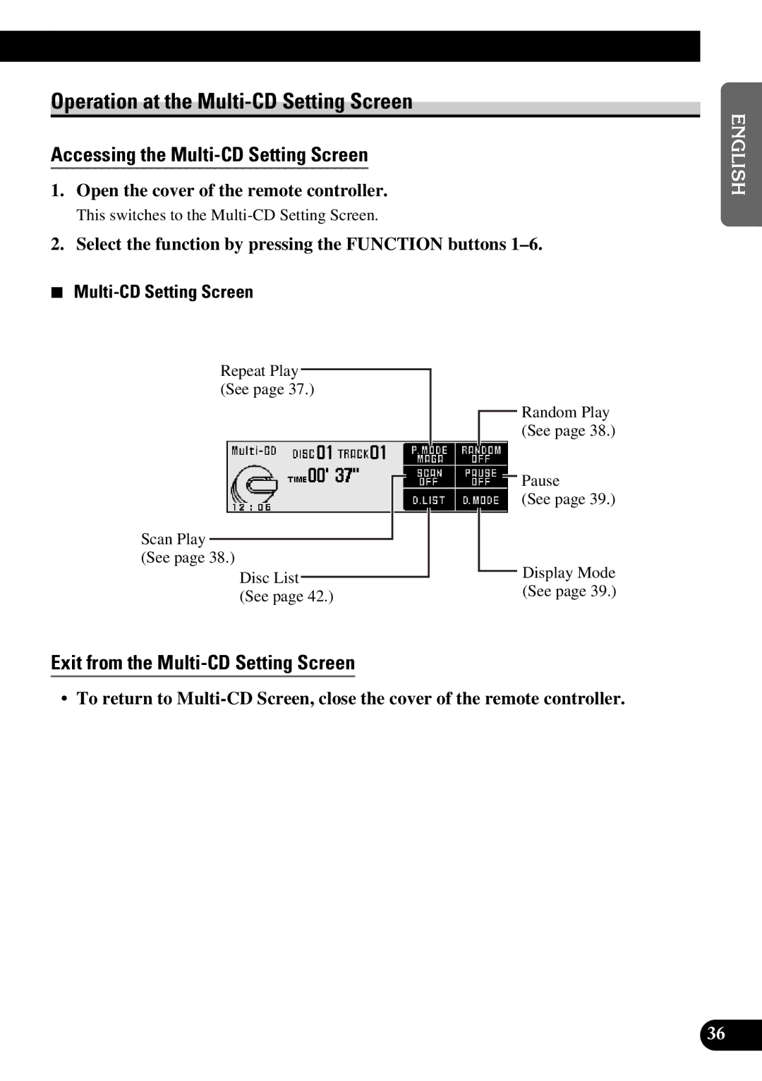 Pioneer DEX-P9 owner manual Operation at the Multi-CD Setting Screen, Accessing the Multi-CD Setting Screen 