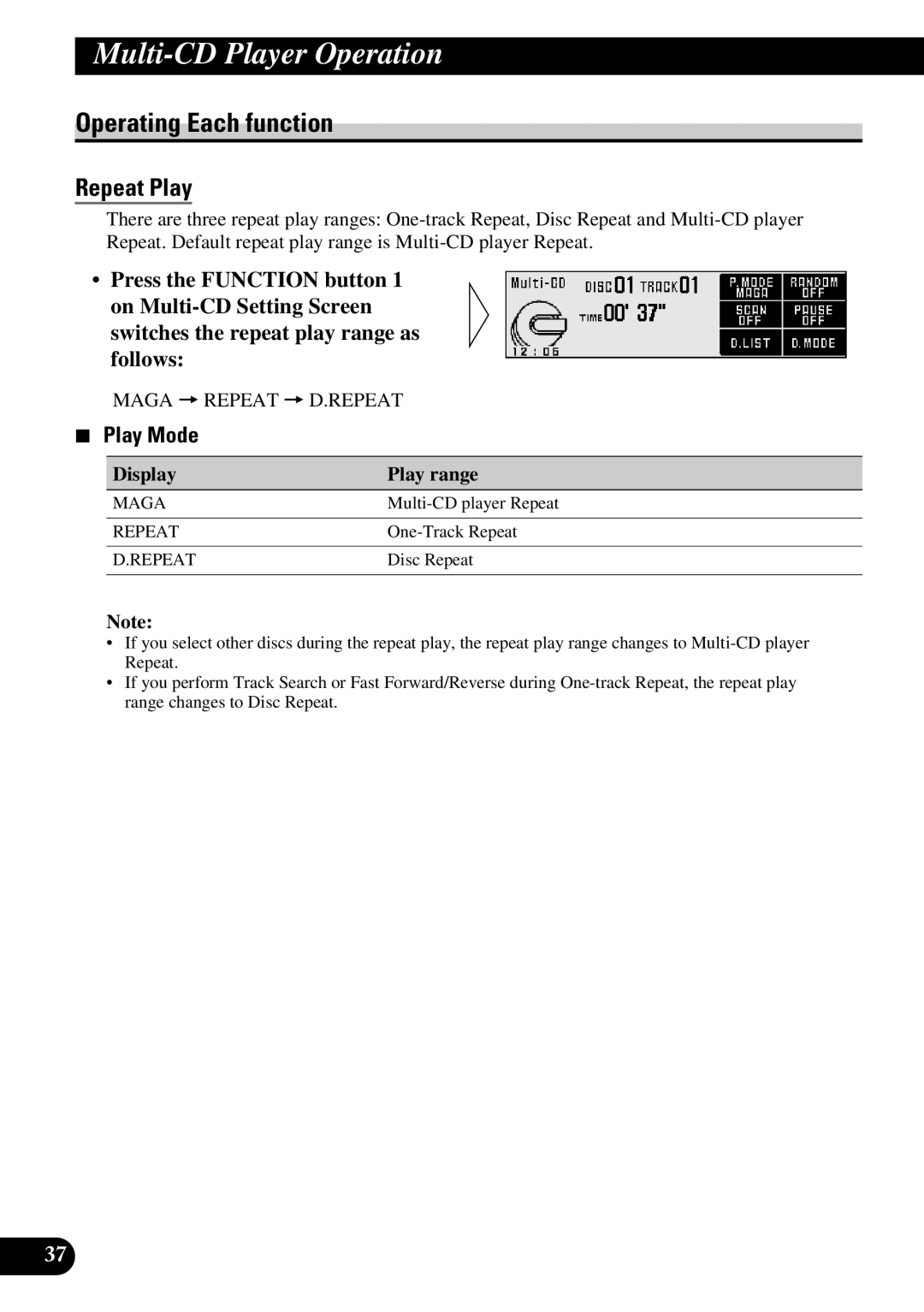 Pioneer DEX-P9 owner manual Play Mode, Display Play range 