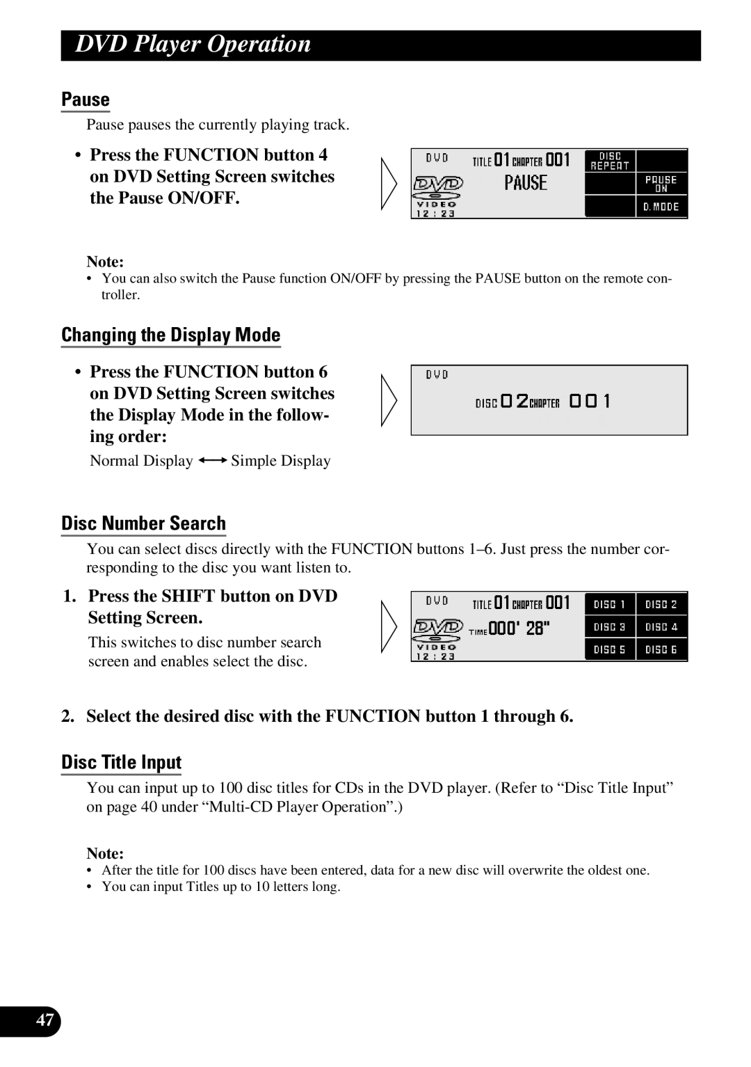 Pioneer DEX-P9 Press the Shift button on DVD Setting Screen, Select the desired disc with the Function button 1 through 