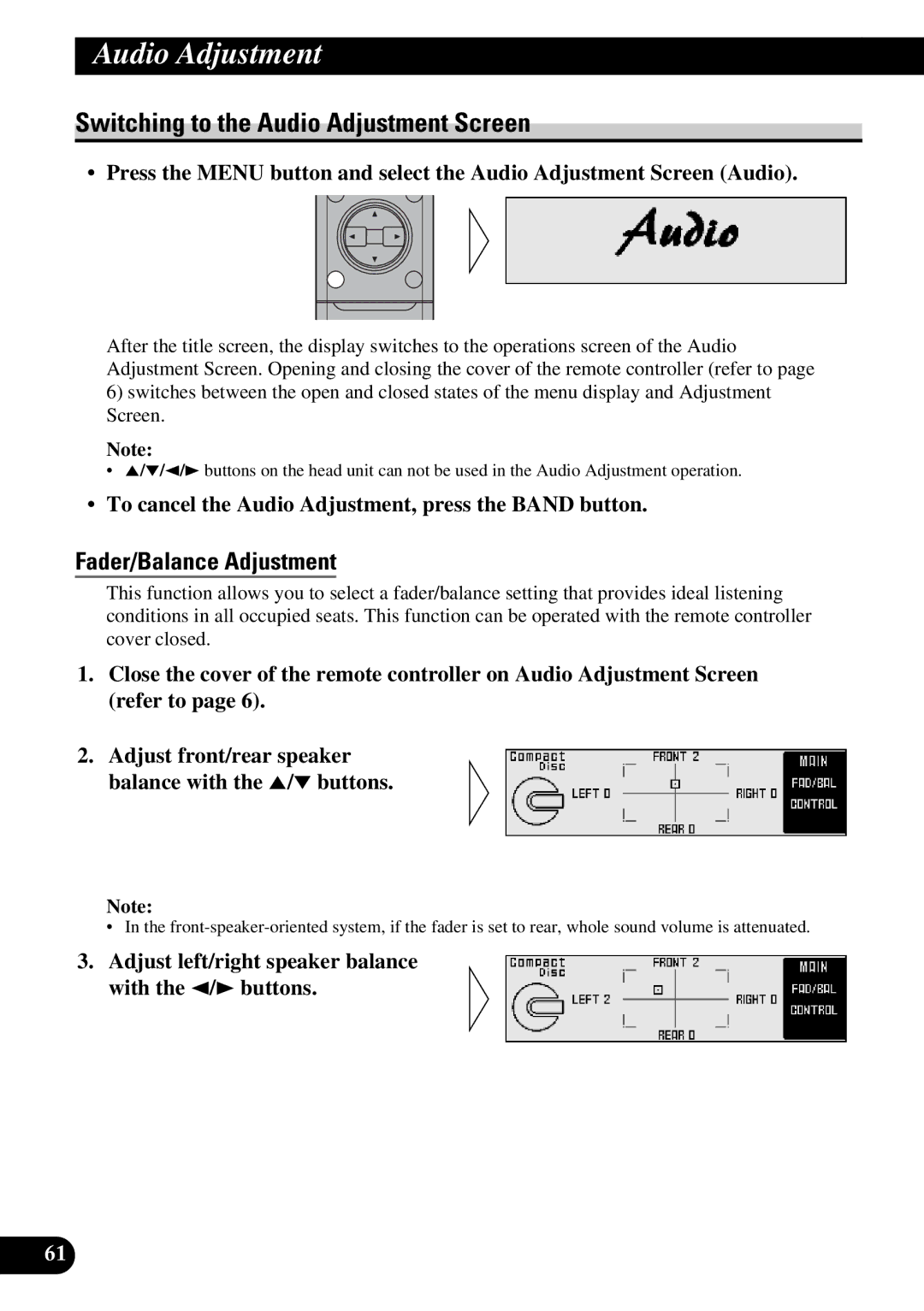 Pioneer DEX-P9 owner manual Switching to the Audio Adjustment Screen, Fader/Balance Adjustment 