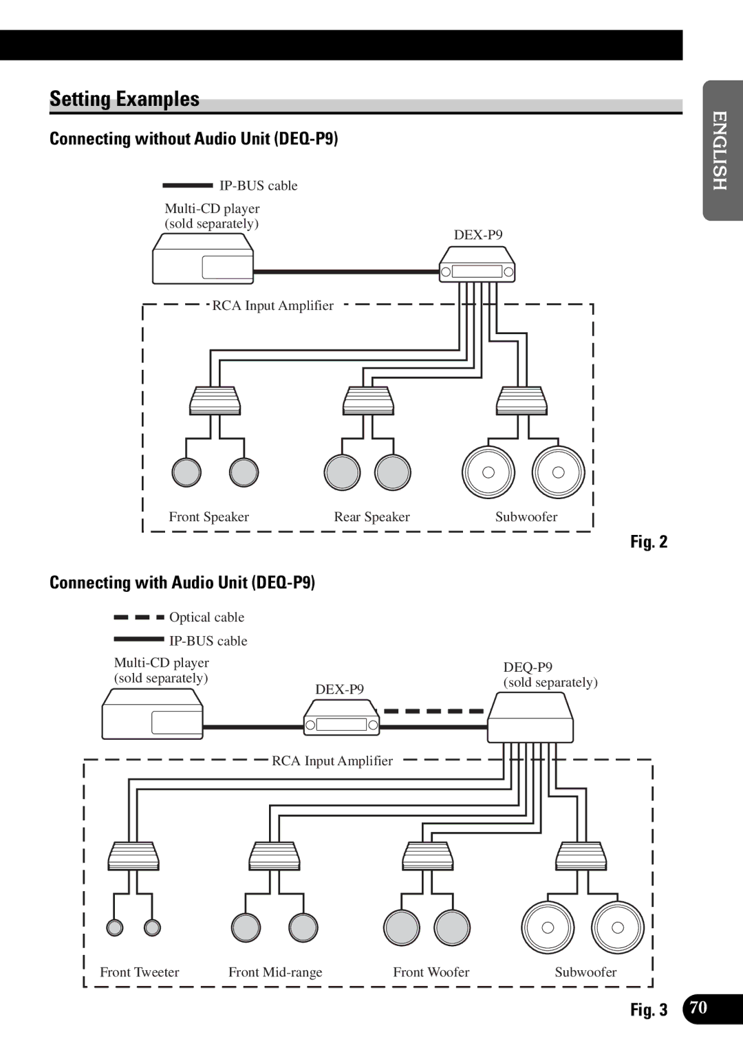 Pioneer DEX-P9 owner manual Setting Examples, Connecting without Audio Unit DEQ-P9, Connecting with Audio Unit DEQ-P9 