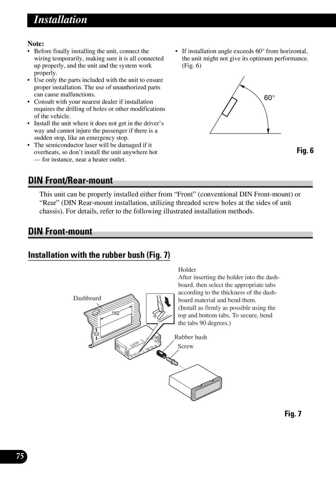 Pioneer DEX-P9 owner manual DIN Front/Rear-mount, DIN Front-mount, Installation with the rubber bush Fig 