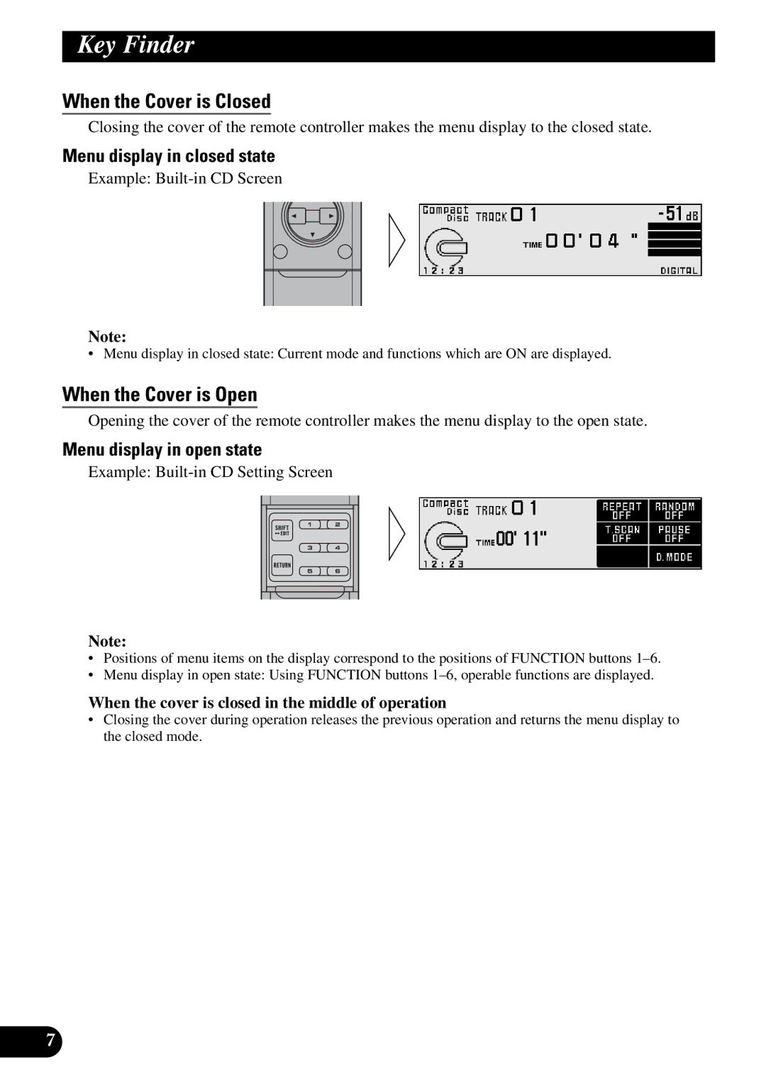 Pioneer DEX-P9 When the Cover is Closed, When the Cover is Open, Menu display in closed state, Menu display in open state 