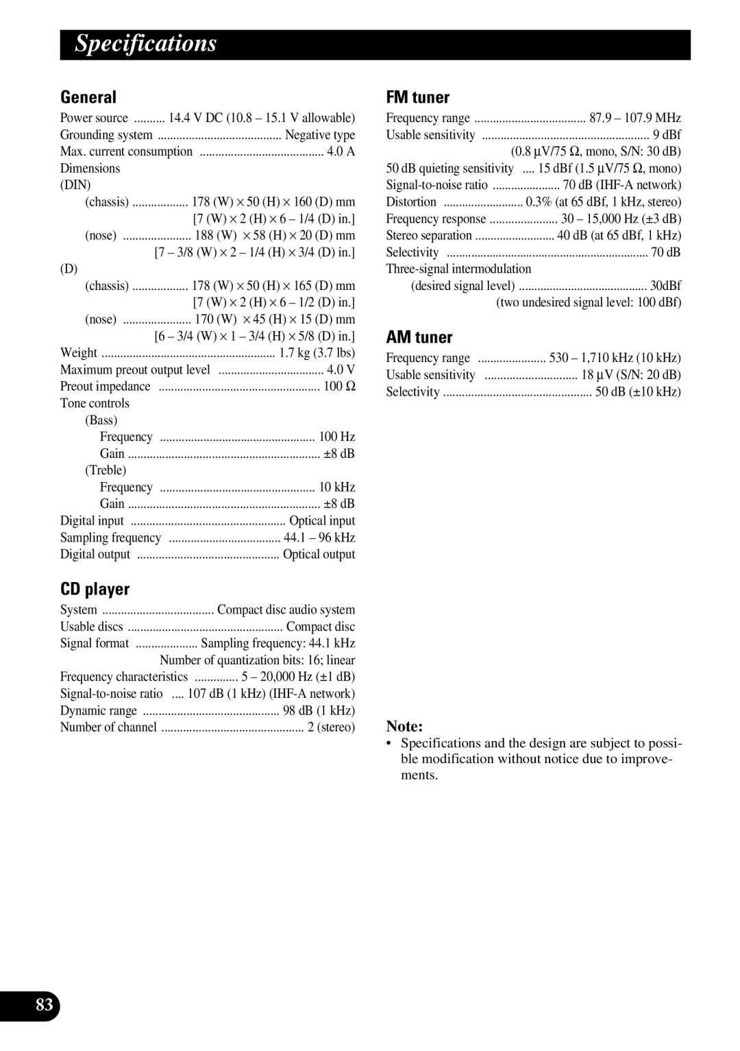 Pioneer DEX-P9 owner manual Specifications, General, FM tuner, AM tuner, CD player 