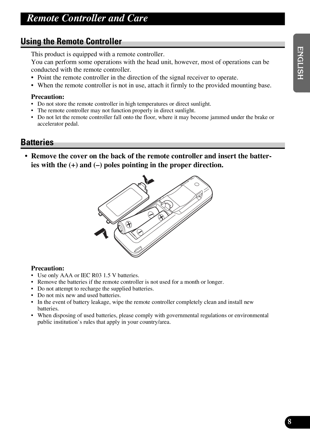 Pioneer DEX-P9 owner manual Remote Controller and Care, Using the Remote Controller, Batteries 