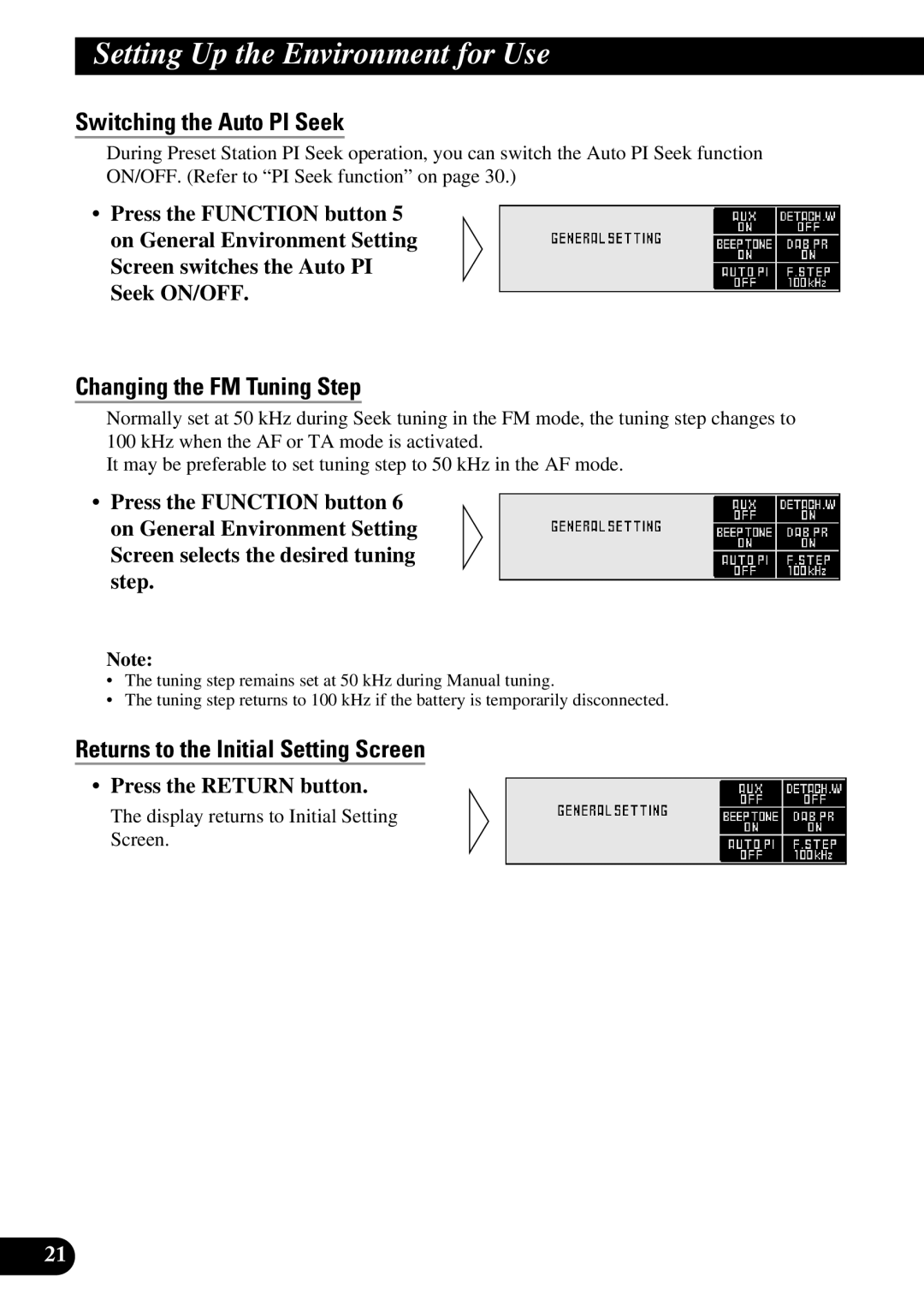 Pioneer DEX-P90RS owner manual Switching the Auto PI Seek, Changing the FM Tuning Step 