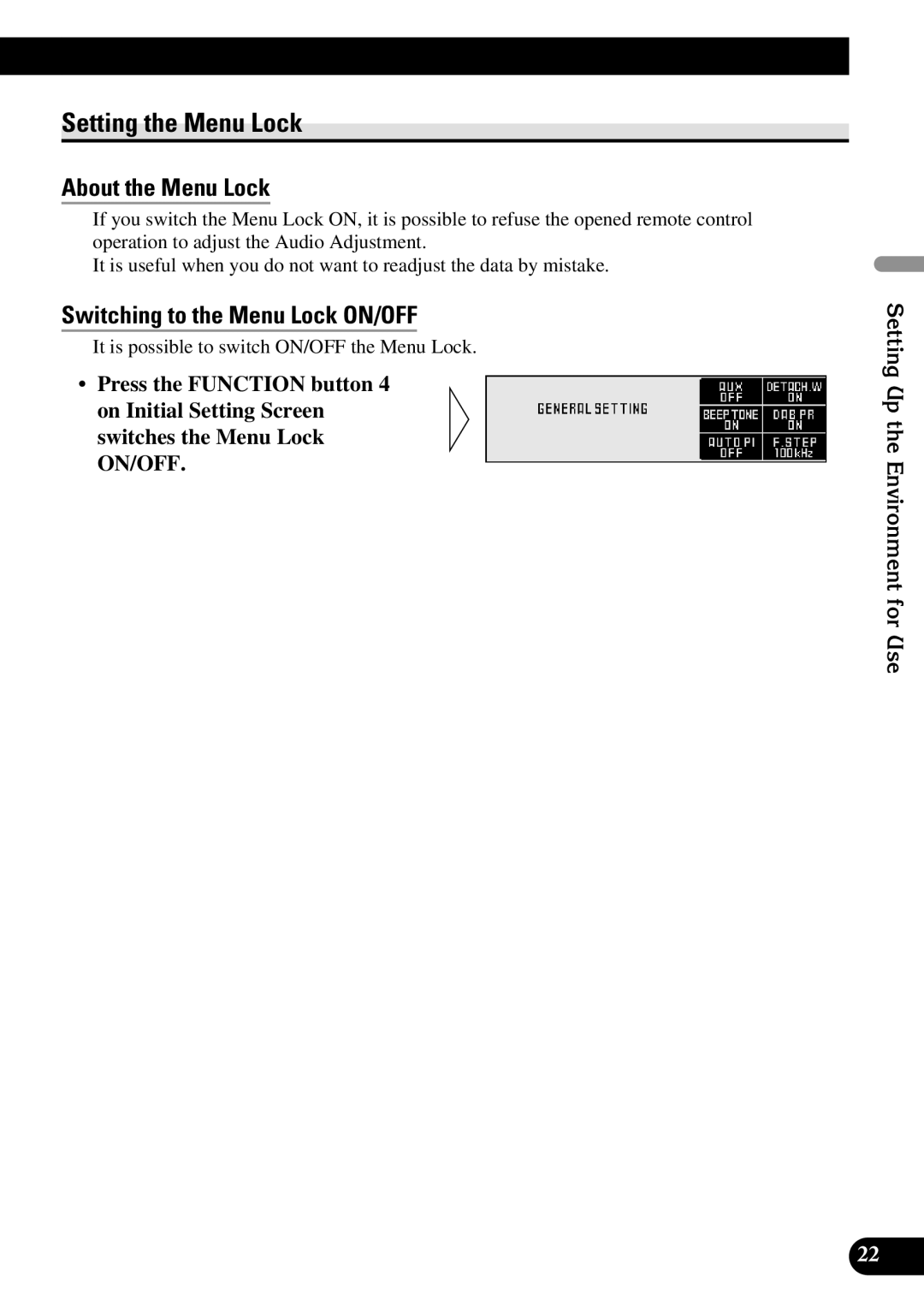 Pioneer DEX-P90RS owner manual Setting the Menu Lock, About the Menu Lock, Switching to the Menu Lock ON/OFF 