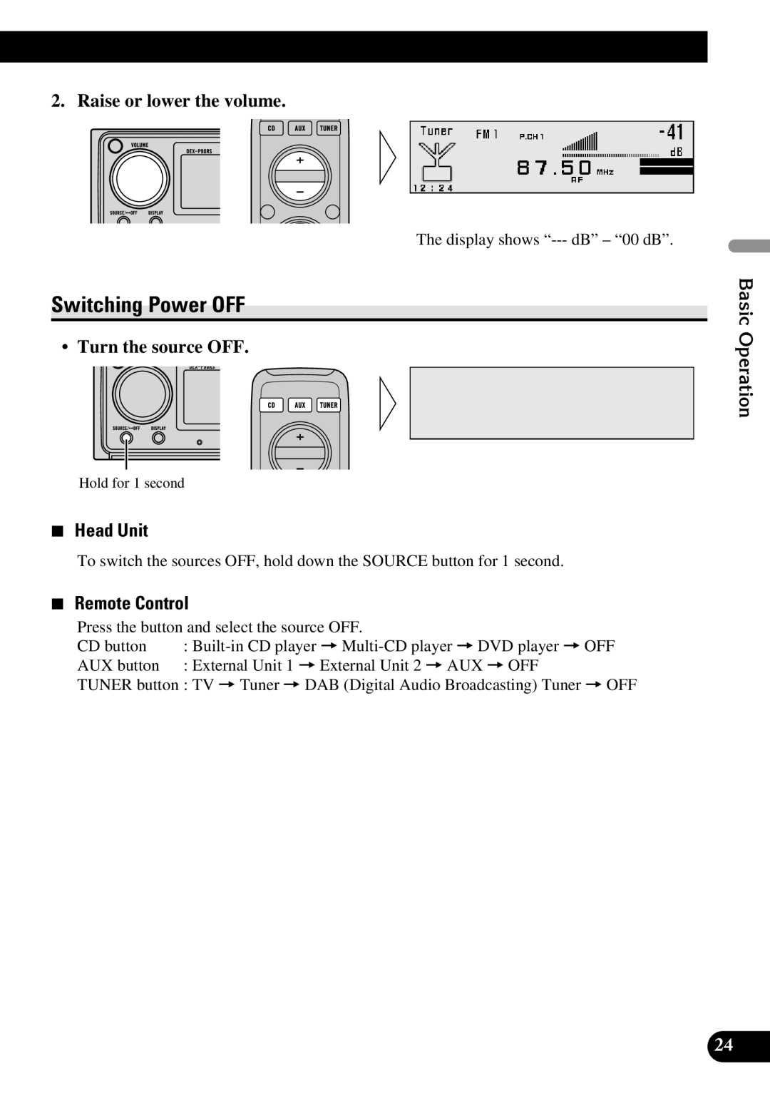 Pioneer DEX-P90RS owner manual Switching Power OFF, Raise or lower the volume, Turn the source OFF, Basic Operation 