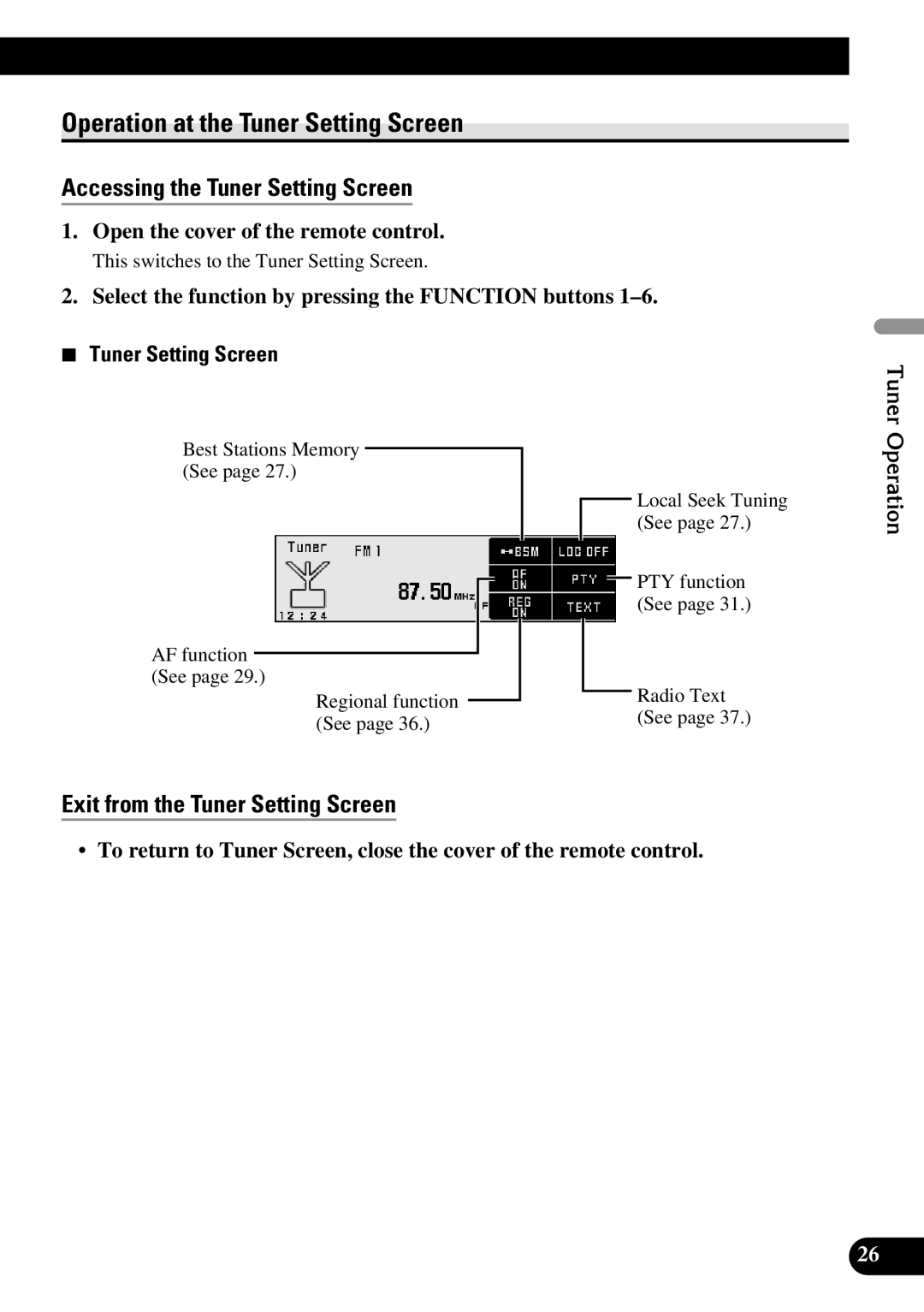 Pioneer DEX-P90RS owner manual Operation at the Tuner Setting Screen, Accessing the Tuner Setting Screen 