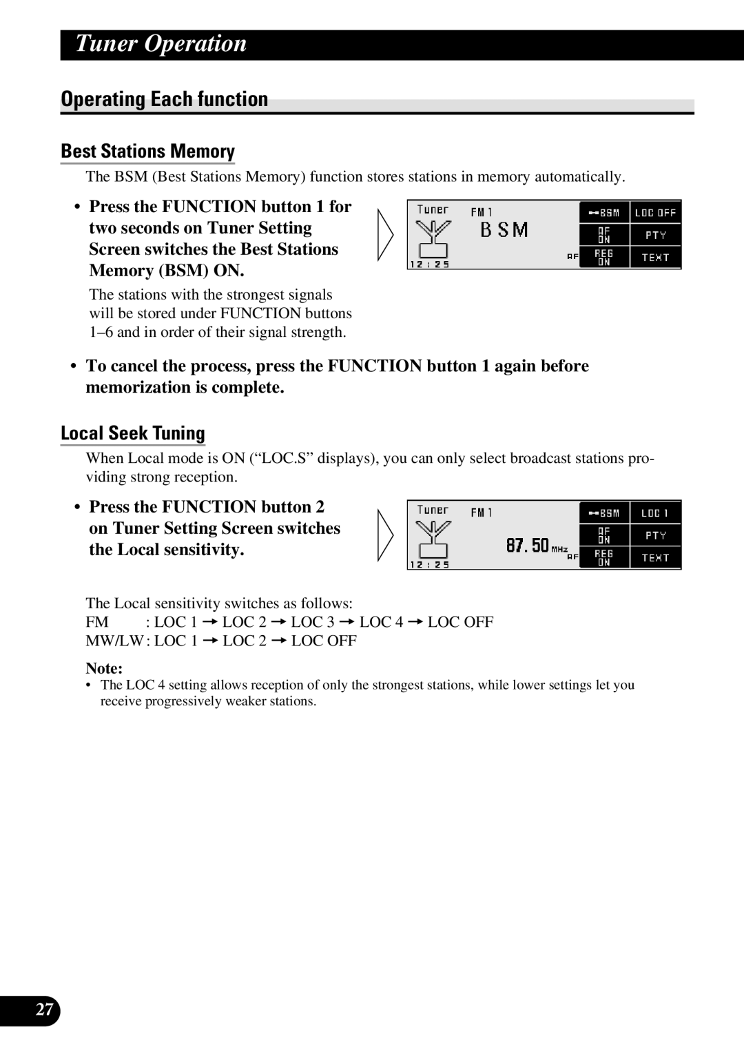 Pioneer DEX-P90RS owner manual Operating Each function, Best Stations Memory, Local Seek Tuning 