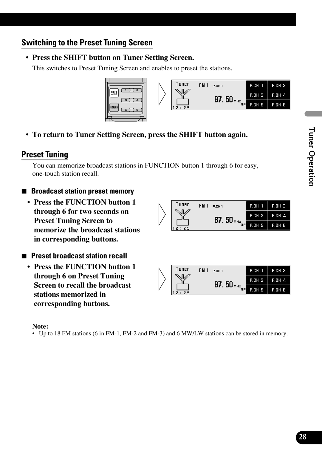 Pioneer DEX-P90RS owner manual Switching to the Preset Tuning Screen, Press the Shift button on Tuner Setting Screen 