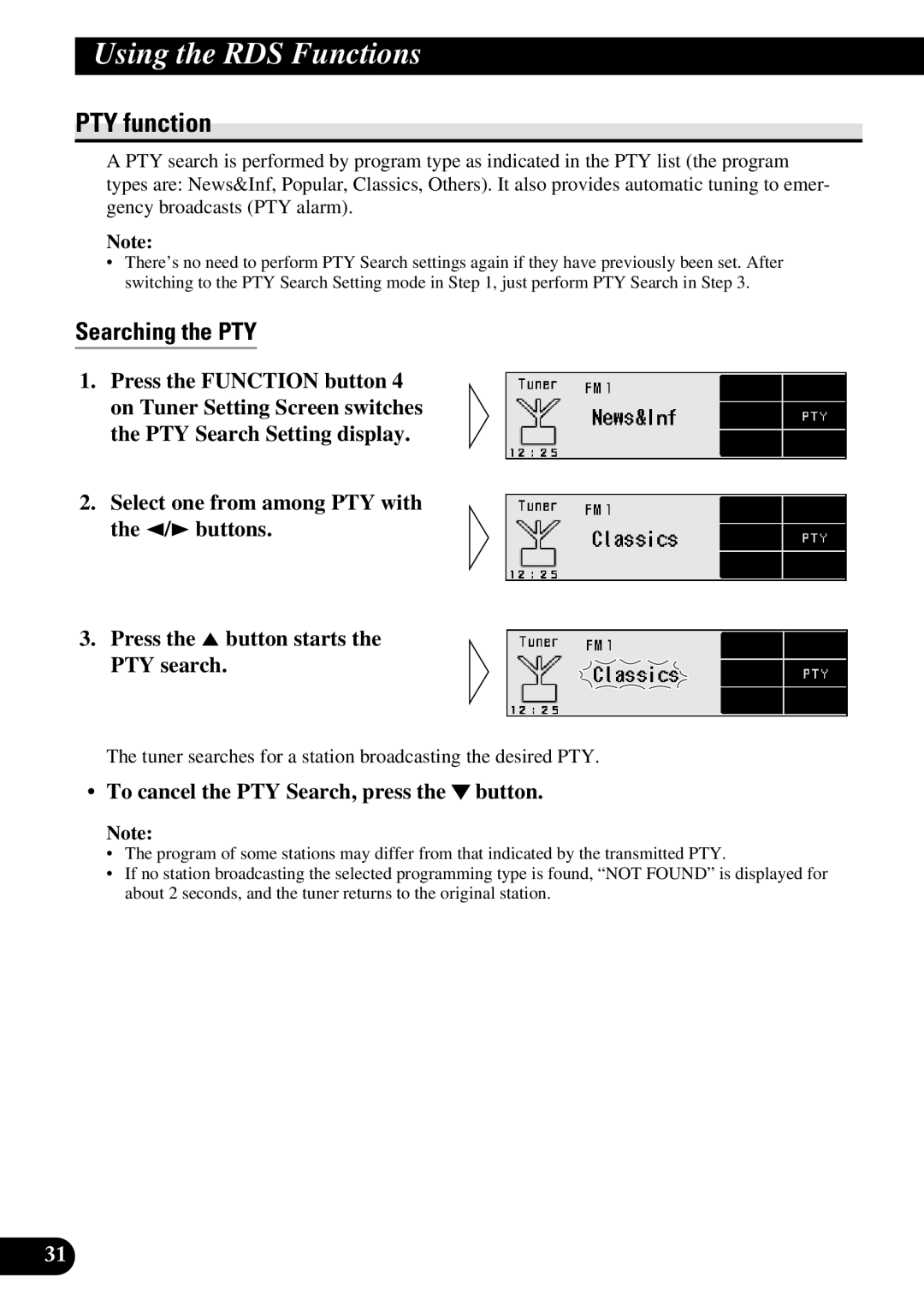 Pioneer DEX-P90RS owner manual PTY function, Searching the PTY, To cancel the PTY Search, press the ∞ button 