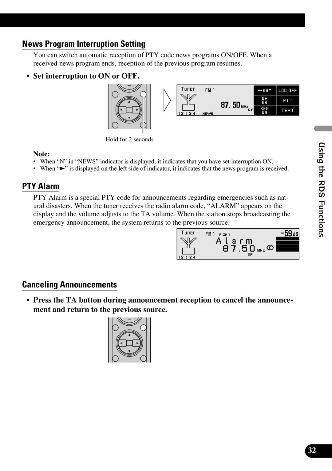 Pioneer DEX-P90RS News Program Interruption Setting, PTY Alarm, Canceling Announcements, Set interruption to on or OFF 