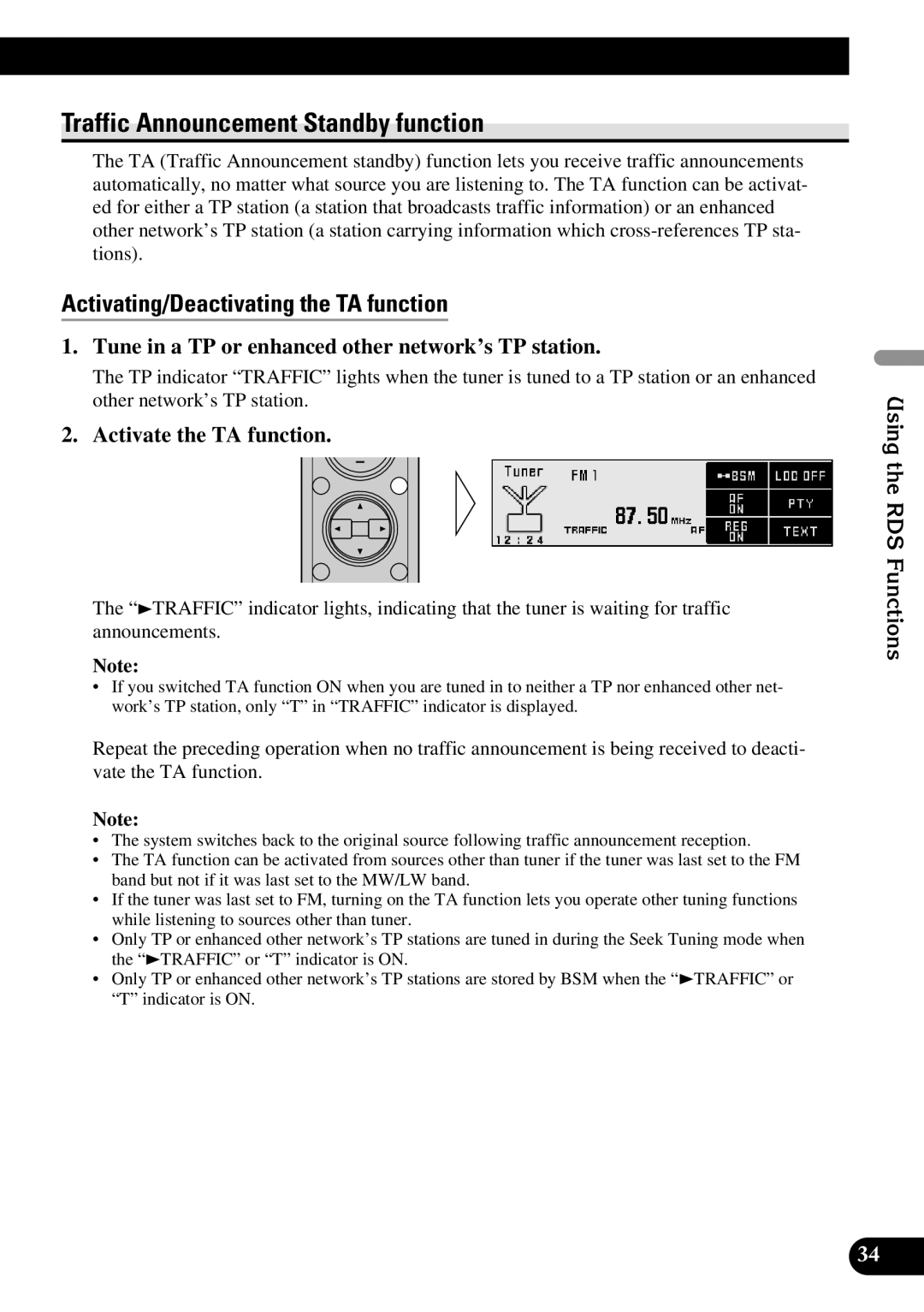 Pioneer DEX-P90RS Traffic Announcement Standby function, Activating/Deactivating the TA function, Activate the TA function 