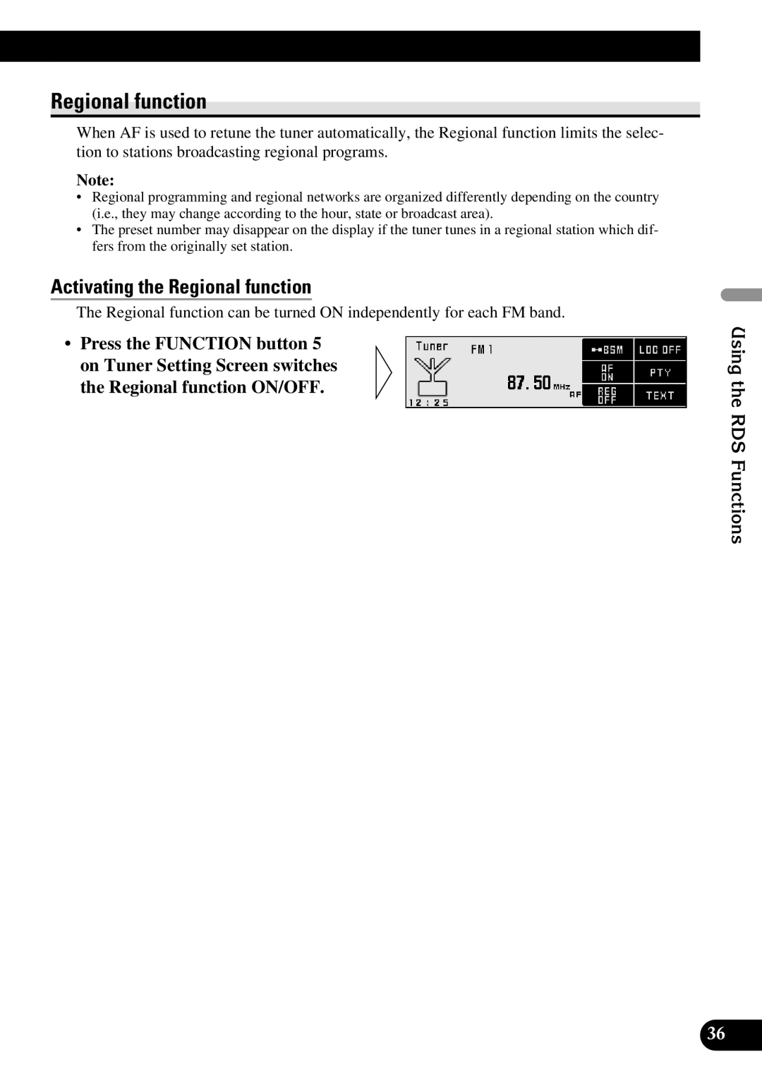 Pioneer DEX-P90RS owner manual Activating the Regional function 