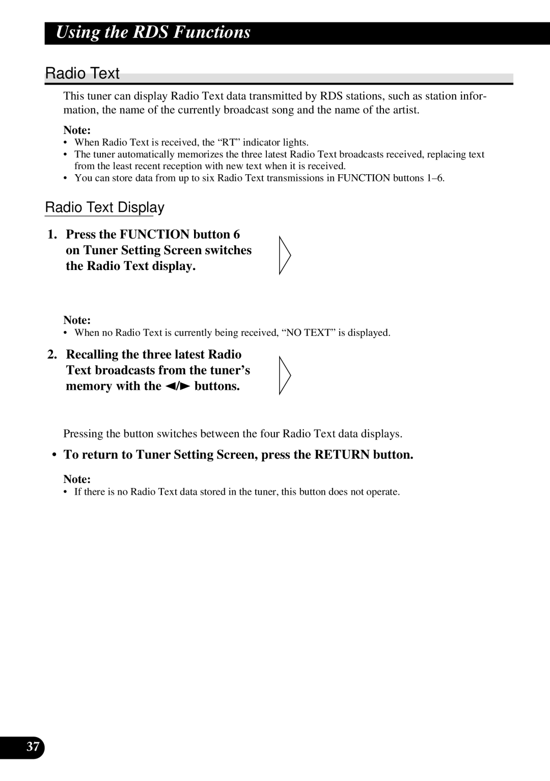 Pioneer DEX-P90RS owner manual Radio Text Display, To return to Tuner Setting Screen, press the Return button 