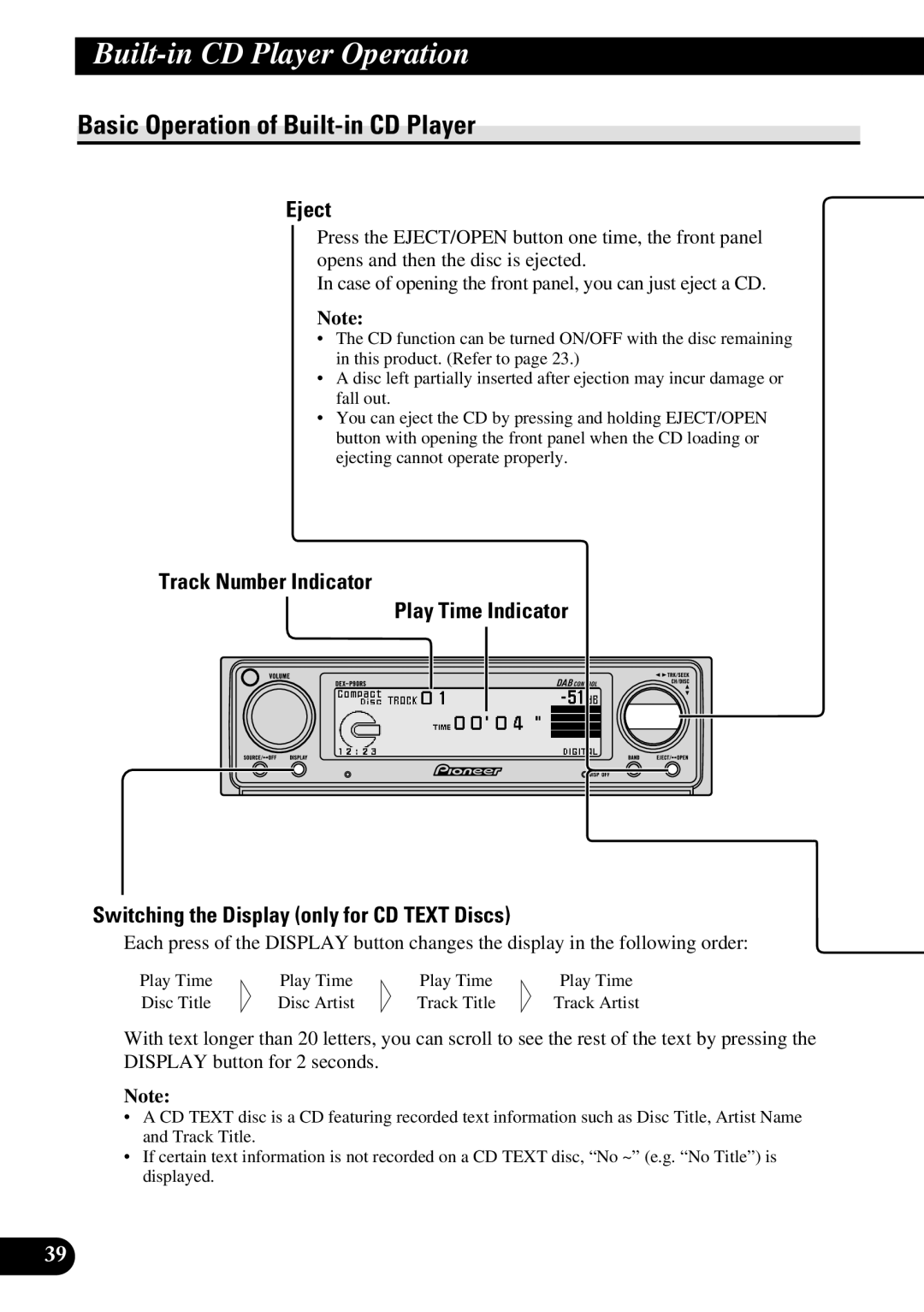 Pioneer DEX-P90RS owner manual Built-in CD Player Operation, Basic Operation of Built-in CD Player, Eject 