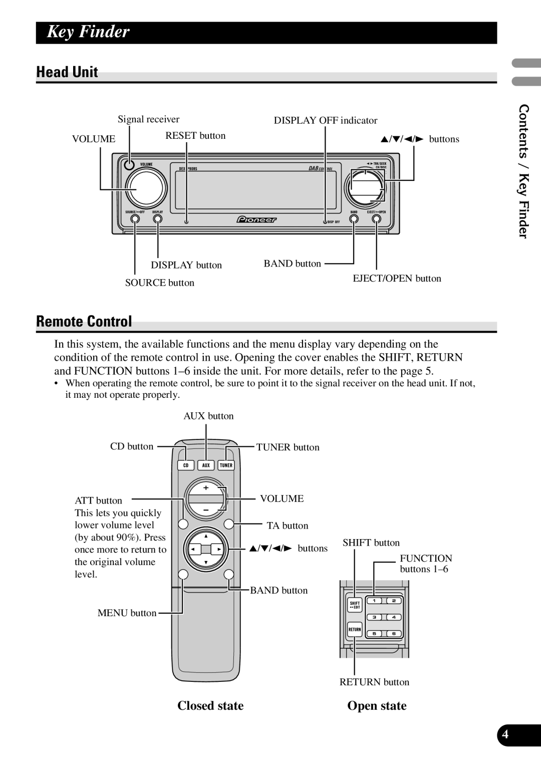 Pioneer DEX-P90RS owner manual Head Unit, Remote Control, Contents / Key Finder, Closed state Open state 