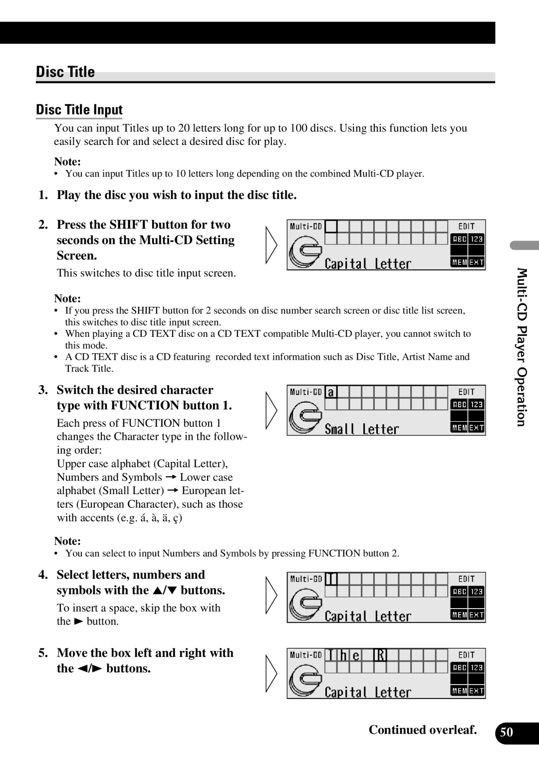 Pioneer DEX-P90RS owner manual Disc Title, Switch the desired character type with Function button 