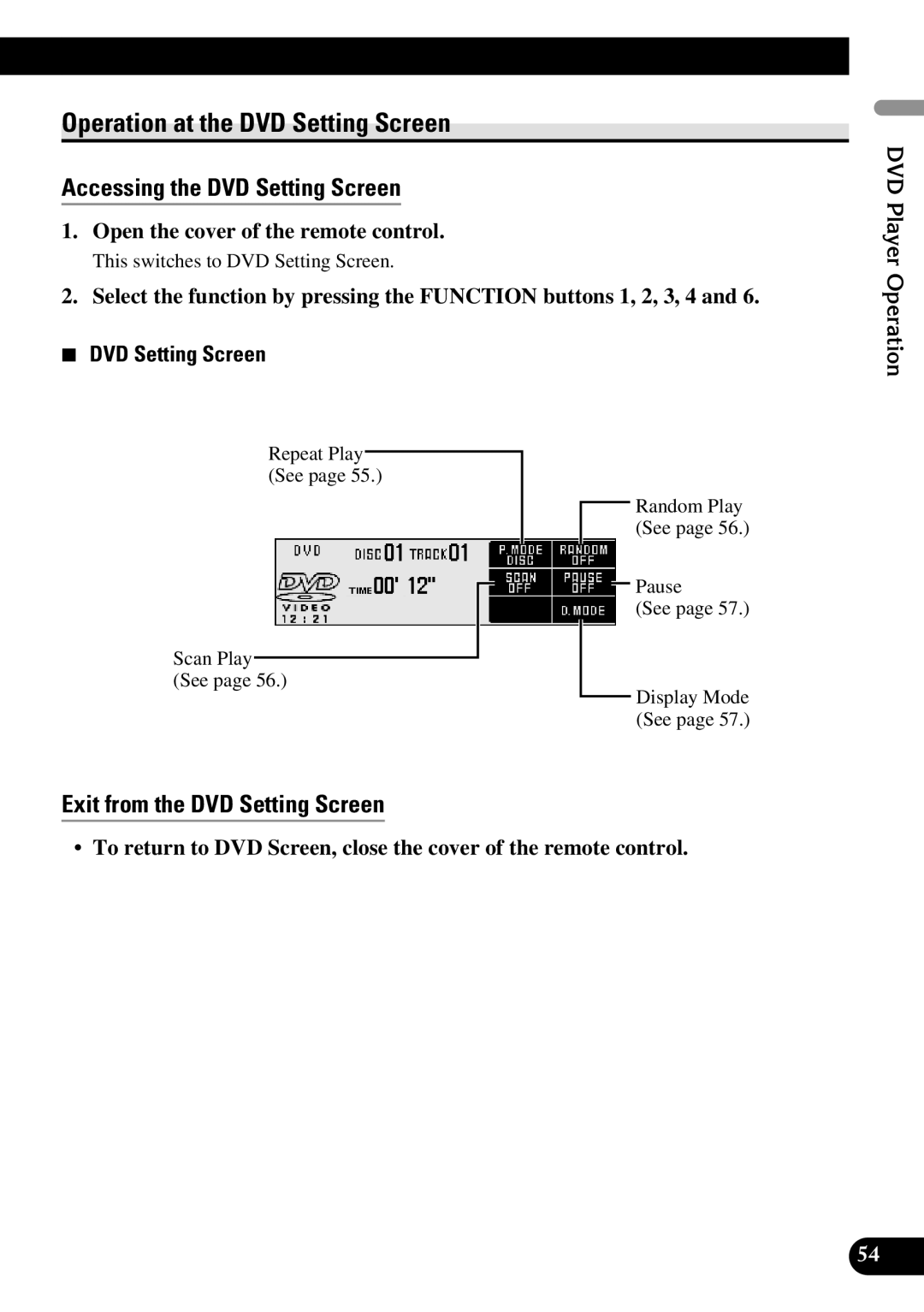 Pioneer DEX-P90RS Operation at the DVD Setting Screen, Accessing the DVD Setting Screen, Exit from the DVD Setting Screen 