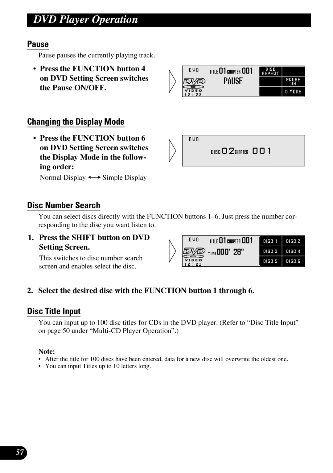 Pioneer DEX-P90RS Press the Shift button on DVD Setting Screen, Select the desired disc with the Function button 1 through 