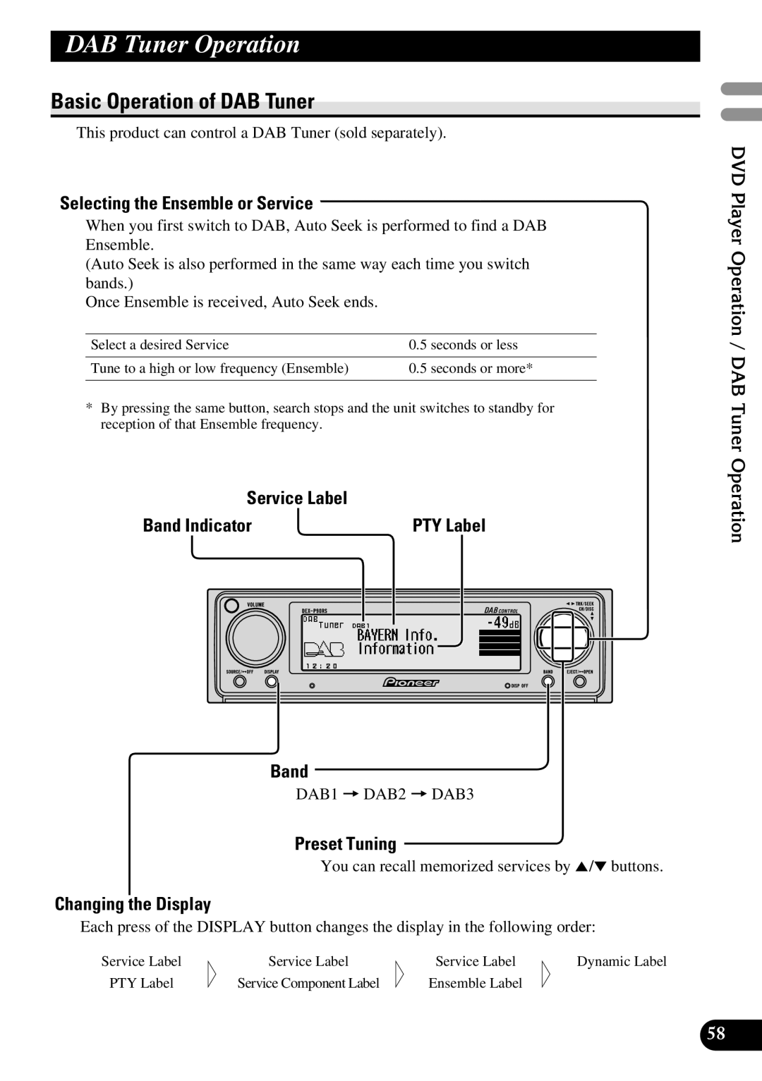 Pioneer DEX-P90RS owner manual DAB Tuner Operation, Basic Operation of DAB Tuner, Selecting the Ensemble or Service, Band 