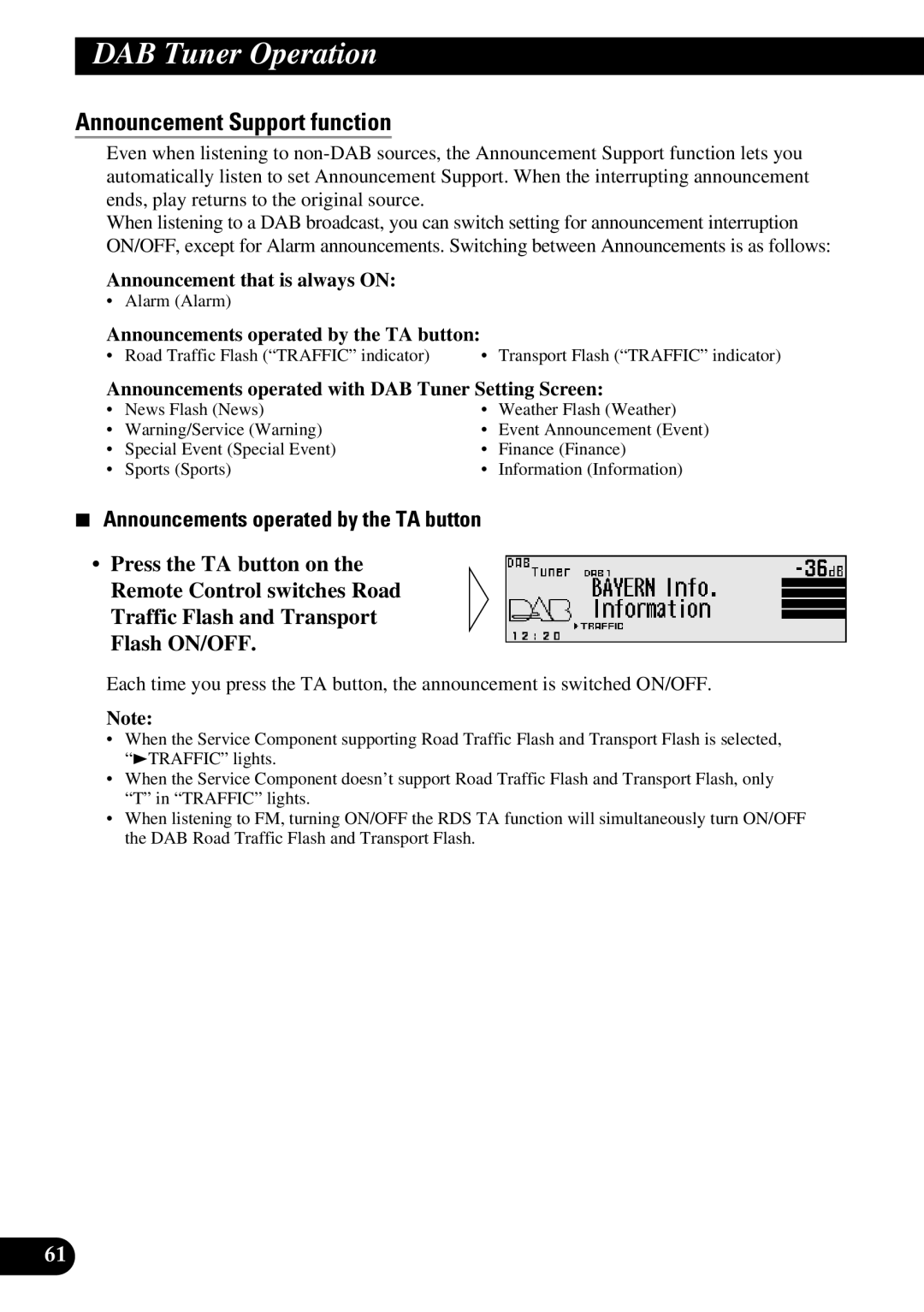 Pioneer DEX-P90RS owner manual Announcement Support function, Announcements operated by the TA button 