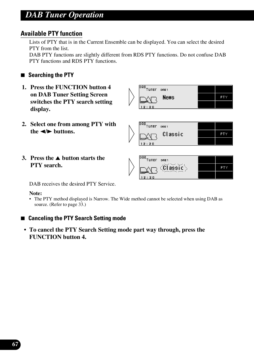 Pioneer DEX-P90RS owner manual Available PTY function, Searching the PTY, Canceling the PTY Search Setting mode 