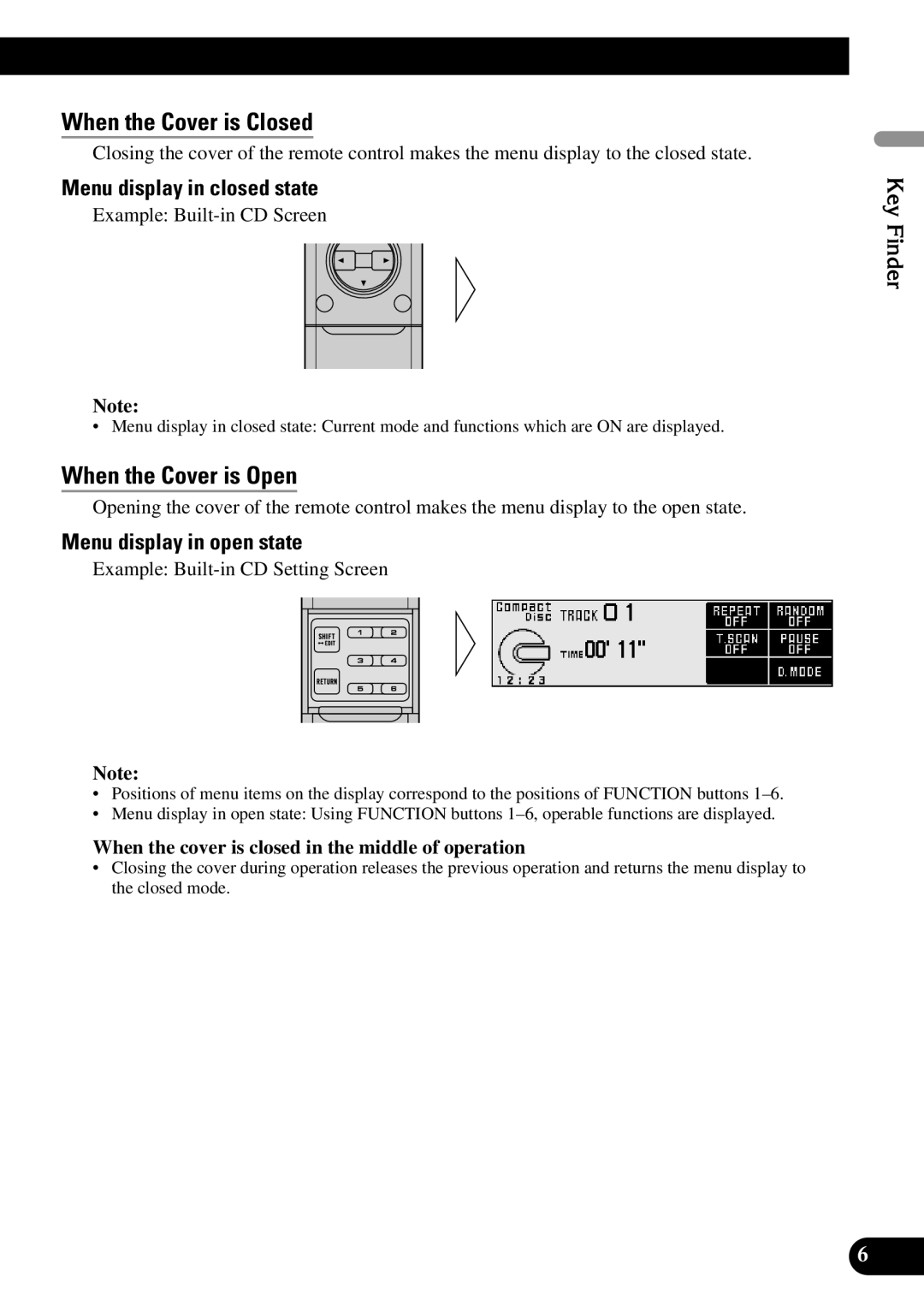 Pioneer DEX-P90RS owner manual When the Cover is Closed, When the Cover is Open, Menu display in closed state, Key Finder 