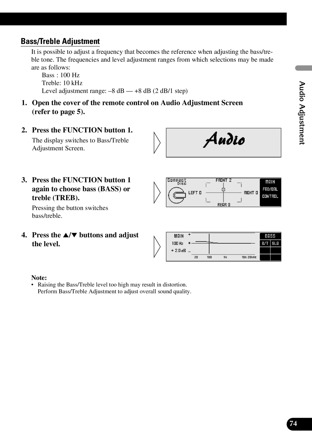 Pioneer DEX-P90RS owner manual Bass/Treble Adjustment, Press the 5/∞ buttons and adjust the level, Audio Adjustment 