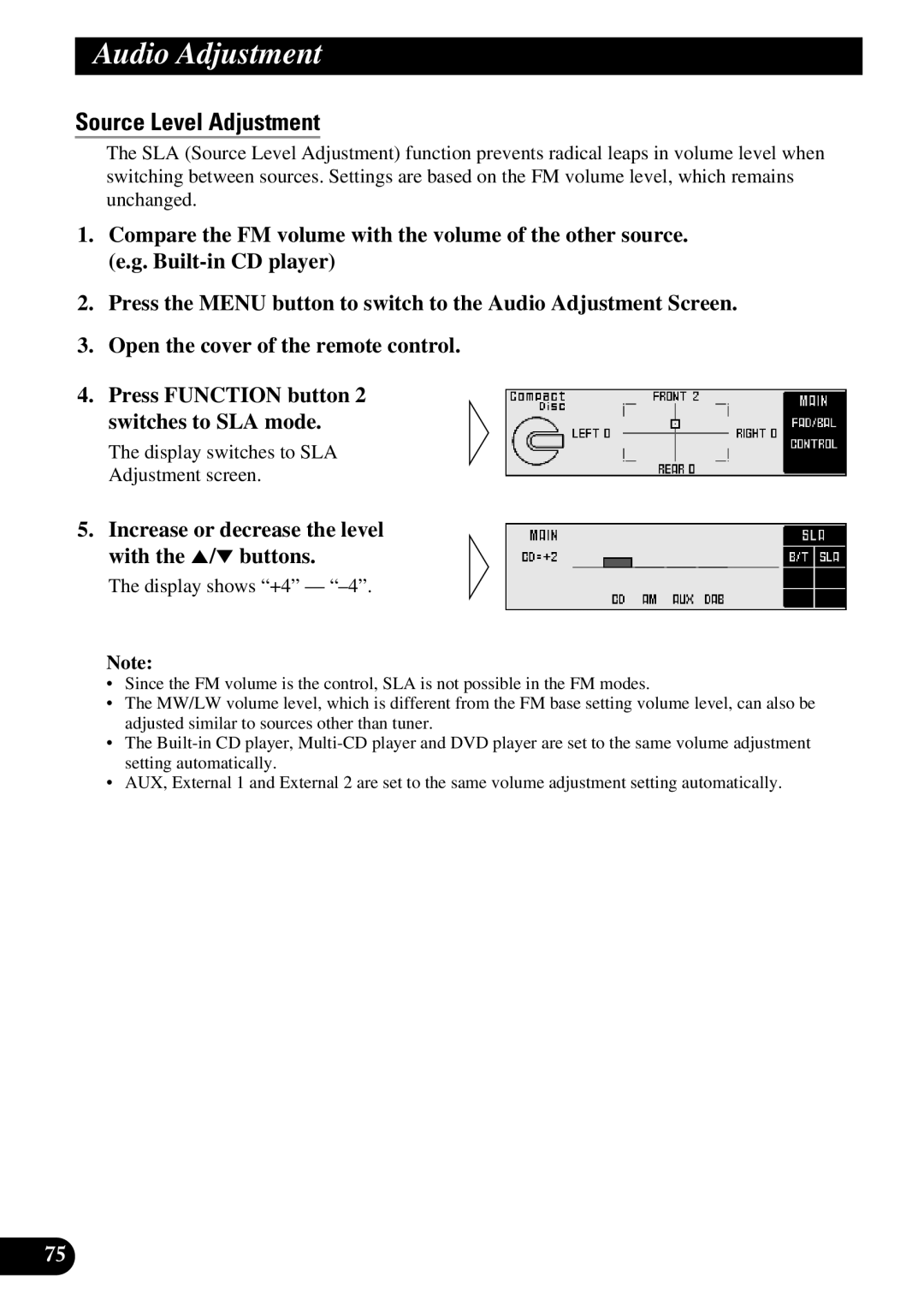 Pioneer DEX-P90RS owner manual Source Level Adjustment, Increase or decrease the level with the 5/∞ buttons 